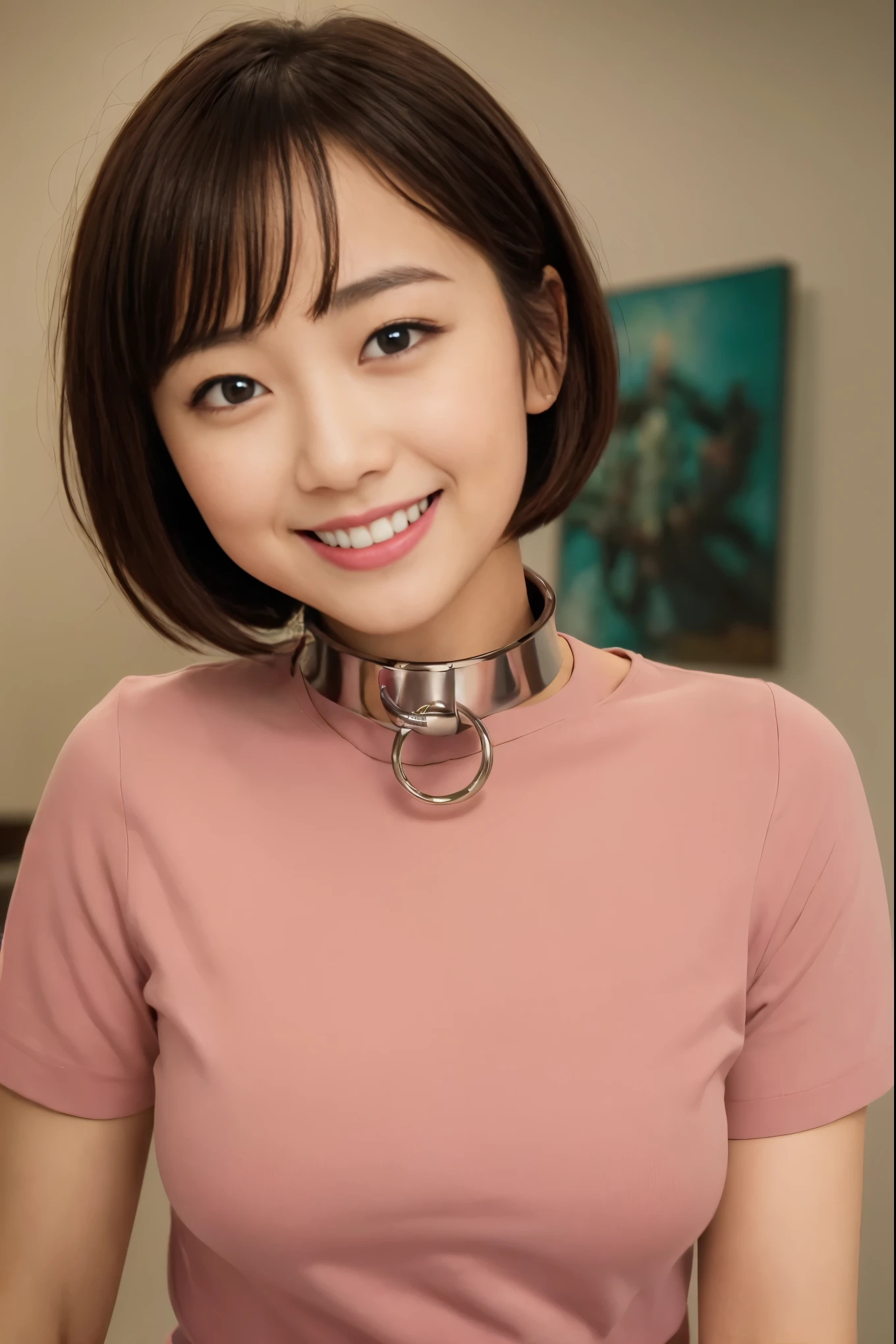 (8K, An ultra-high picture quality,top-quality),(​masterpiece:1.5),face,looking at viewer,(simple background),femele,short sleeved shirt,((Iron collar)),((short hair))red blush,a smile