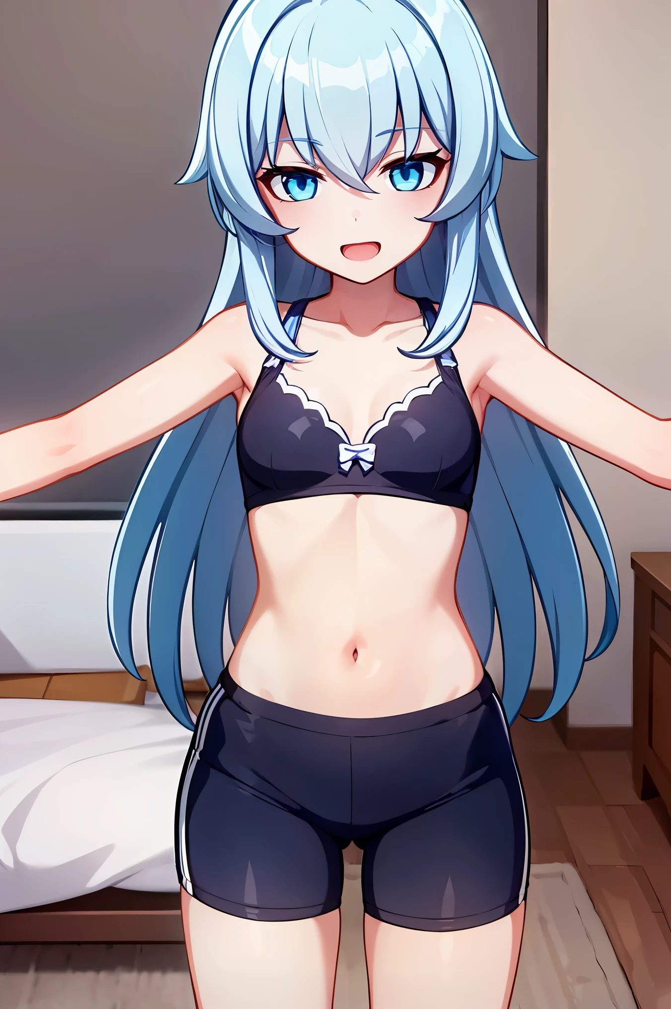 1 girl, best quality, ultra high res, long hair, blue hair, blue eyes, shigure kira, looking at viewers, small breast, standing, pov, slim body, loli body, small body, short body, smile, open mouth, white bra, black bike shorts, bedroom, white bed sheets,