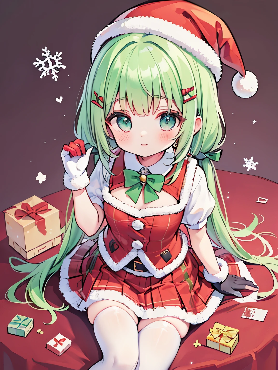 cat BREAK (white and red theme:1.5), (santa-claus hat:1.3), (wearing a (red vest:1.1) over a white collared-blouse:1.4), ((puff sleeves, short sleeves):1.3), (white thighhighs:1.3), (sheer red Evening gloves with lace detailed embroidery:1.3), (white fluffy fur:1.2), (red platform HIGH boots:1.1),
BREAK (red and green theme:1.4), (green tie:1.4), ([red and green [plaid pattern]] pleated skirt:1.4), (green pleated skirt:1.1), ,greenshort, pigtails, red underrims, small breasts, ahoge, deepblueeyes,