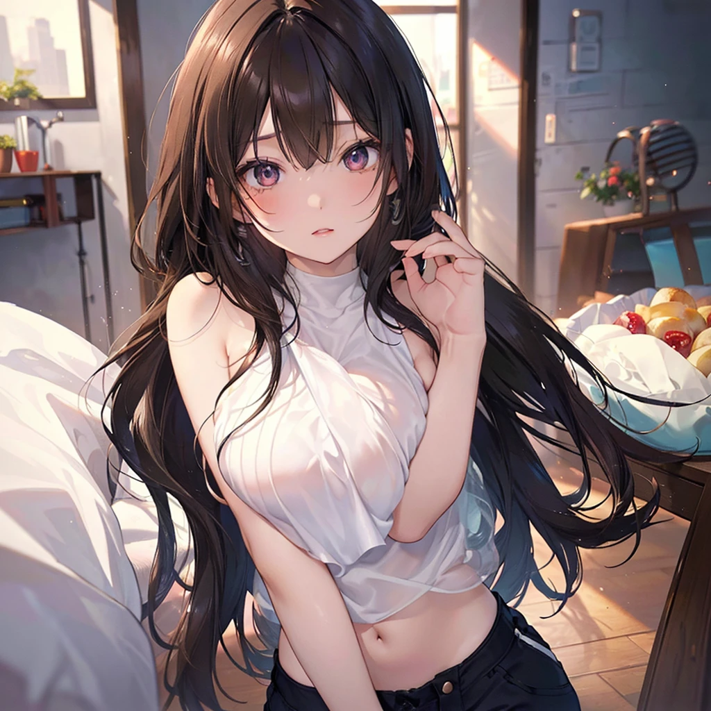 (masutepiece, Best Quality: 1.4), (max resolution: 1.2), (Ultra HDTV: 1.2), cinematric light, 8K resolution, Detailed eyes and skin, detailed facial features, Perfect limbs, Perfect fingers, Anatomically accurate body, Fingers in natural shape, Realistic texture, (The focus is on the upper body:1.2), Perfect Style, (Beautiful face, kawaii eyes, Clear eyes, realisticeyes), acurate, Anatomically correct, Highly detailed face and skin texture, Detailed eyes, Double eyelids, Thin eyebrows, Glitter Eyeliner: 1 Natural cheeks, Glossy skin, Fair skin: 1.2, (Glossy lips: 1.4), (Shy look: 1.2), (#Slim waist), Full body like, (shiny lips: 1.1), (large full breasts:1.7), red blush, Neat and clean woman, ((20yr old)), (Brown hair, curlyhair, Fetishes, Lustrous hair), (Small T-shirt, shortpants), livingroom