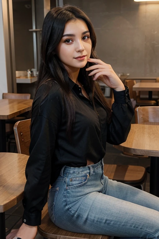A photorealistic of a 25-year-old Turkish girl with long, flowing black hair and striking brown eyes.sitting Cafe pic should be capture smart phone and wearing jeans shirt