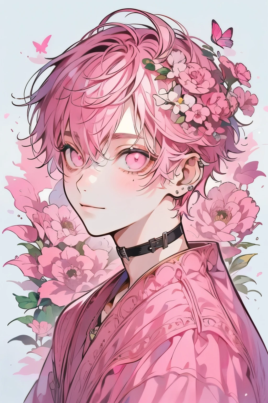 (masutepiece), (Best Quality), Highly detailed, 1 boy, Solo Focus，Perfect face, Beautiful face, extra detailed face，(Pink hair short:1.3)，(Pink eyes:1.3)，florals，butterflys々，floralsびら，optic，kirakira，a smile