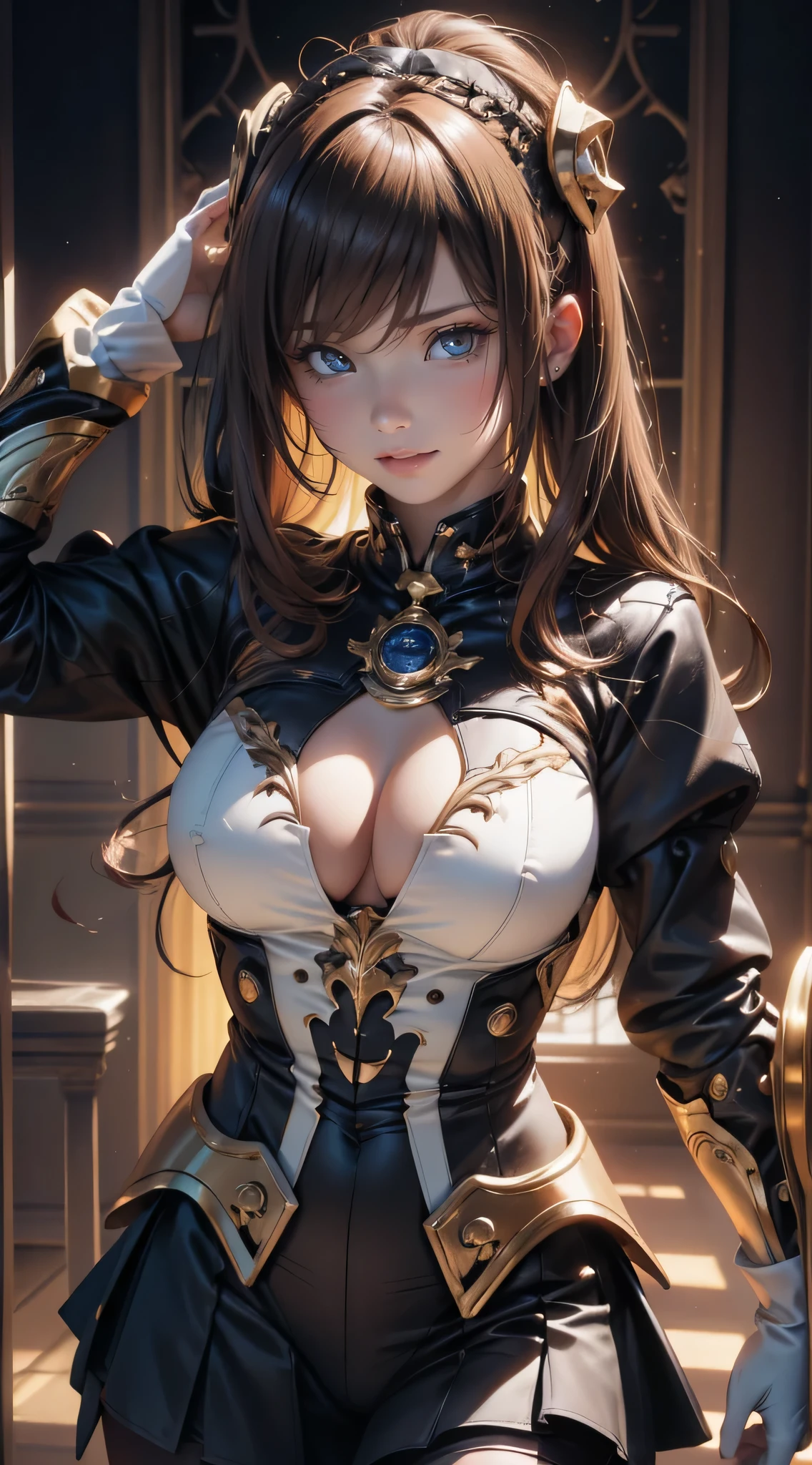 (Fantasy Art,Highest image quality,Hyperrealist portrait,(8K),Ultra-realistic,Best Quality, High quality, High Definition, High quality texture,high detailing,Beautiful detailed,fine detailed,extremely details CG,Detailed texture,realistic representation of face,masutepiece,presence,Dynamic,Bold),1girl in,Ultra detailed skin,Curve,Petite,Beautiful breasts,Large breasts,pale skin,pointed breast,Erect nipples,Bob Hair,(Thin hair),(Soft hair),Swept long bangs,Extra bright coppery amber hair,Hair over one eye,School uniform,(Pornographic Images)