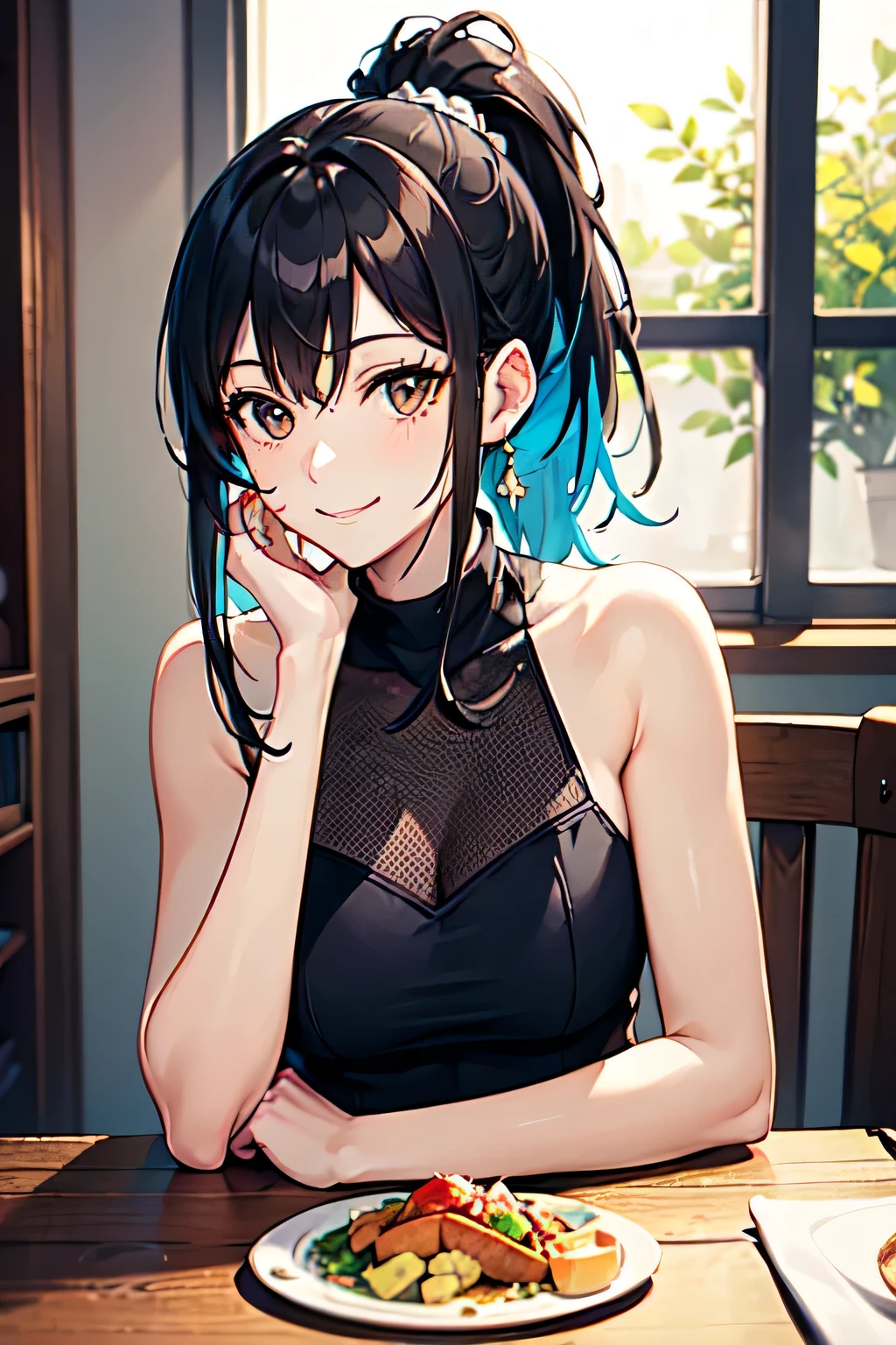(Highest qualityのイラスト:1.2), (pretty girl:1.1), (1 girl、17 years old),(1 girl、smile、Round eyes:1.2)、Bright blue hair、Short Bob Hair、Bunny girl、Bunny ears、Blue leotard、Fishnet tights、High heels、Medium chest、Café Bar、smile、masterpieceサイドライト、masterpiece、Highest quality、detailed、High resolution illustrations), Soft Focus