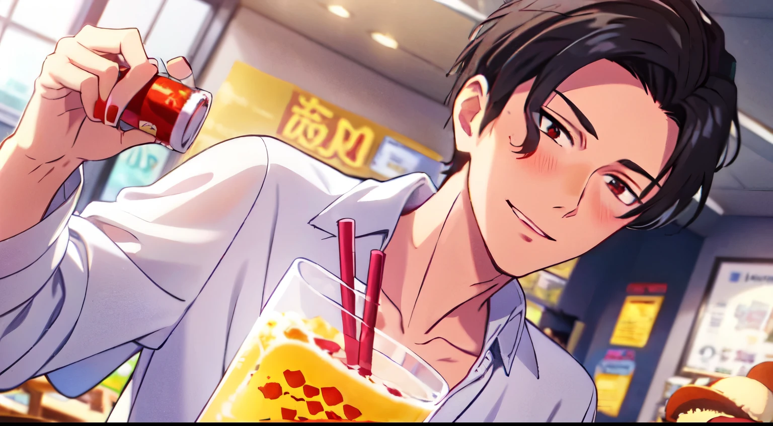 masterpiece, 1Man, luci, red eyes, black hair, blush, light smile, white blouse, day, window, holding boba Drink