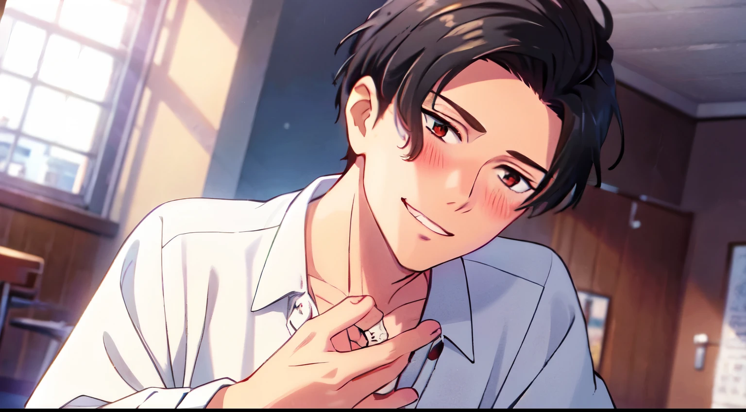 masterpiece, 1Man, luci, red eyes, black hair, blush, light smile, white blouse, day, window,