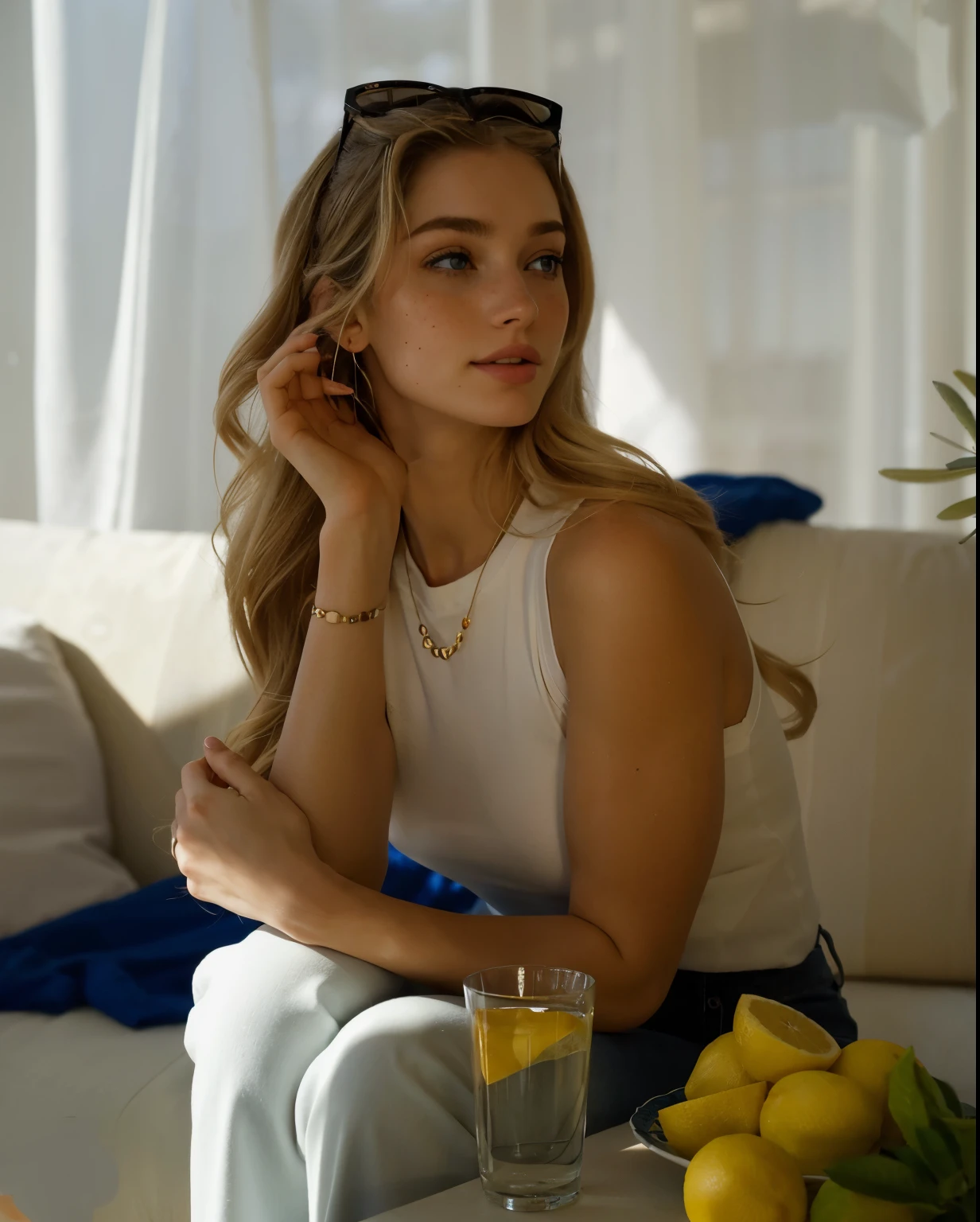 Rosto de uma mulher, americana, 25 anos, pale skin and freckles, olhos cinzas, nariz delicado, soft and delicate lips, cabelo blondie cinza longo e ondulados, sorriso meigo