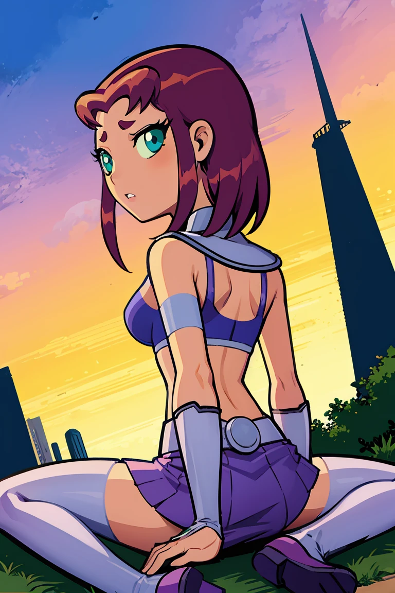 Skin tight skirt,1girl, Masterpiece,starfire ( titans), midriff,bra,sitting,from behind, spread legs,