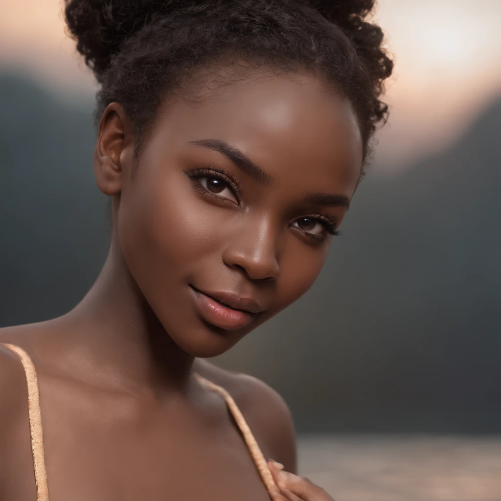 ((Dark African skin, Very deep ebony skin)), ((Its beauty is undeniable)), ((Excited cute face)), ((Hyper detailed perfect eyes, exploring pose)), ((Language output)), ((seductive)), sexy, ((sexy mini bikini)), ((Afro ponytail with long African curly hair)), ((full body)), ((skin)), ((view from behind, full body)), ((touching her face in a sexy pose)), ((jacuzzi, evening)), Sharp Focus CGI, photorealistic, High detail, Realistic, Masterpiece, absurd, Best quality, Hdr, High quality, high-definition, Extremely detailed, 8k wallpaper, Intricate details, 8K UHD, Full-HD, (photo realist:1.2), contrast, intense illumination, lighting cinematic, natural lighting, evening, Illumination globale, Laughing out loud, African women, Female sexy