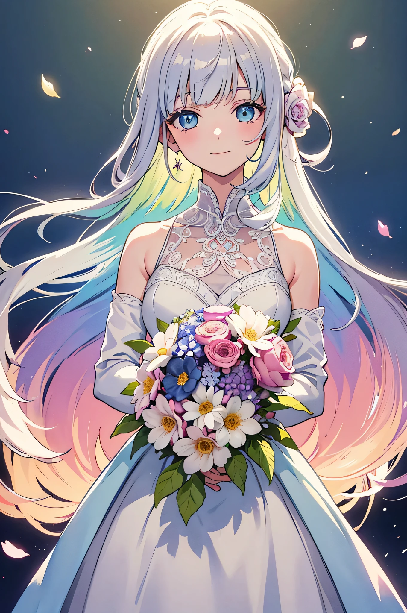 rainbow, Pale watercolor, Beautiful eyes, Cowboy Shot, emotional, Cute, Diagonal, Cute and gentle smile, A beautiful girl holding a bouquet of flowers so beautiful you can't even see her hands, Beautiful eyes, Colorful, (Delicate), Detailed, Convoluted, Convoluted composition : 1.5) (Very Detailed)) Convolutedな構成: 1.5)