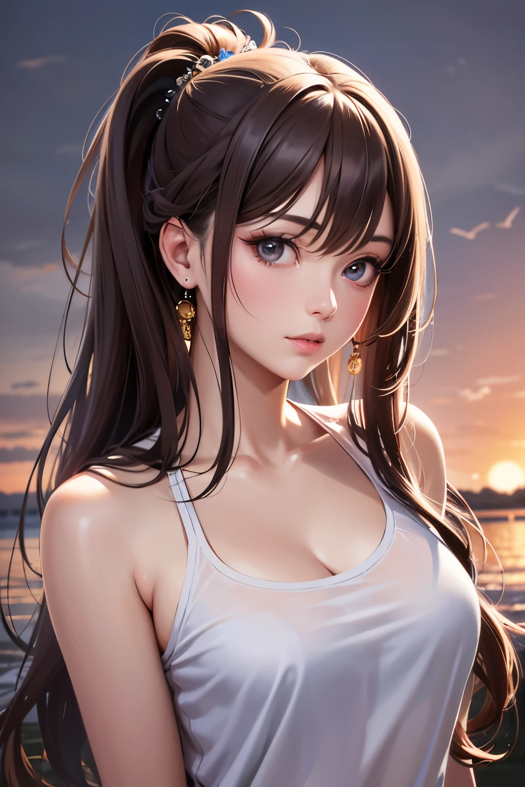 masutepiece, Best Quality, 超A high resolution, (Photorealistic:1.4), Detailed beautiful face, detailed clothes, Stunning European women, Wearing a tank top, Super Cute, nice perfect face with soft skin perfect face, Gorgeous long ponytail brown hair, 8K resolution,Ultra-realistic,Ultra-detailed,hightquality, wide vision