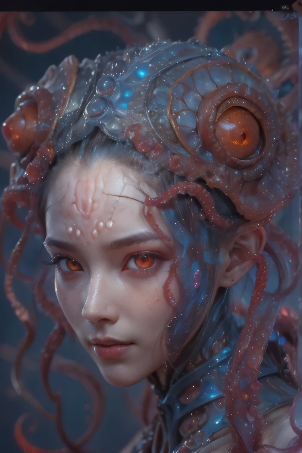 Portrait, (beautiful female alien:1.2), (There is a female genital-like organ in the middle of the forehead:1.8), (The most beautiful face in the history of the universe:1.2), (scarlet eyes:1.6), (Translucent skin:1.8), an evil gaze that seduces , (red eyes:1.5), Full body like, (bio luminescent:1.2), (Smile wickedly:1.3), (sexypose:1.5), alien, No humans, cells are fused, (Lots of translucent tentacles:1.1) (Translucent skin:1.3), extraterrestrial, cell, bio image, 魅惑的, Best Quality, 8K,4K_quality, High Definition, Dramatic Lighting, masutepiece:1.5,cinematic quality, detail up, (Intricate details:1.2), High resolution, High Definition, drawing faithfully, (Thick eyebrows:1.2), Beautiful eyes with fine symmetry, (Ultra detailed eyes:1.2),(Highly detailed face and eyes:1.2), (High-resolution red-eye:1.4), Intimate face, (Super detailed skin quality feeling:1.4), Perfect Anatomy, (Beautiful toned body:1.5), (Moist skin:1.2), No makeup, (dark circles:1.1), long canines, cinematic drawing of characters, ultra high quality model, cinematic quality, detail up, (Intricate details:1.2), High resolution, High Definition, drawing faithfully, Official art, Unity 8K wall , 8K Portrait, Best Quality, Very High resolution, ultra detailed artistic photography, midnight aura, unreal enginee 5, Ultra Sharp Focus, art by alberto seveso, ArtGerm, Roisch, intricate artwork, Medusa, best quality, masutepiece, ultra High resolution, (photos realistic:1.4), Ultra-realistic realism, dream-like, nautilus, Creation of fantasy, Snail, Dream Snail, biopunk nautilus, Thrilling color schemes, Ultra-realistic realism, seductively smiling, Blue tentacles