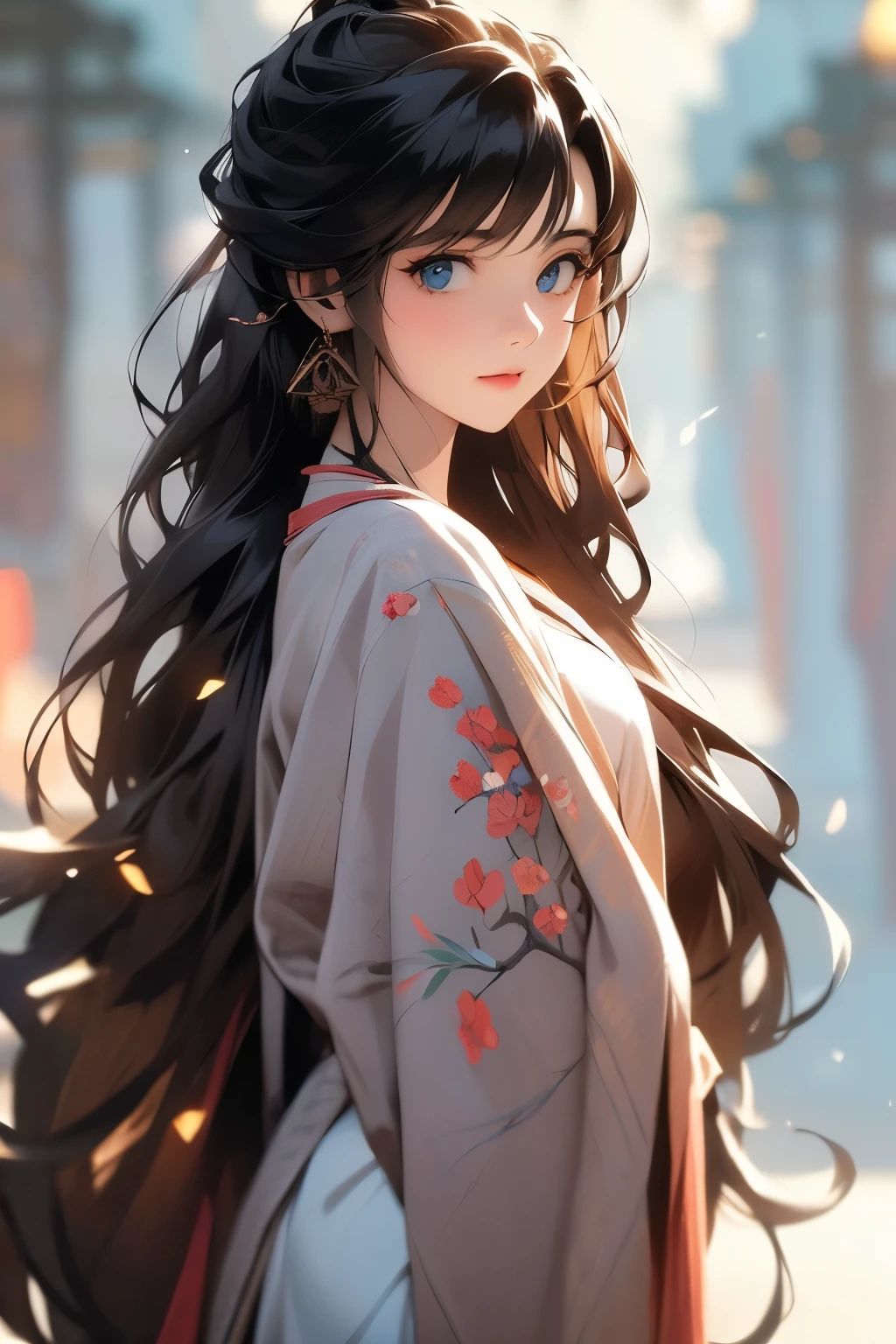 21 years old girl, wavy long hair, dark brown hair colour, blunt bangs, blue eyes,