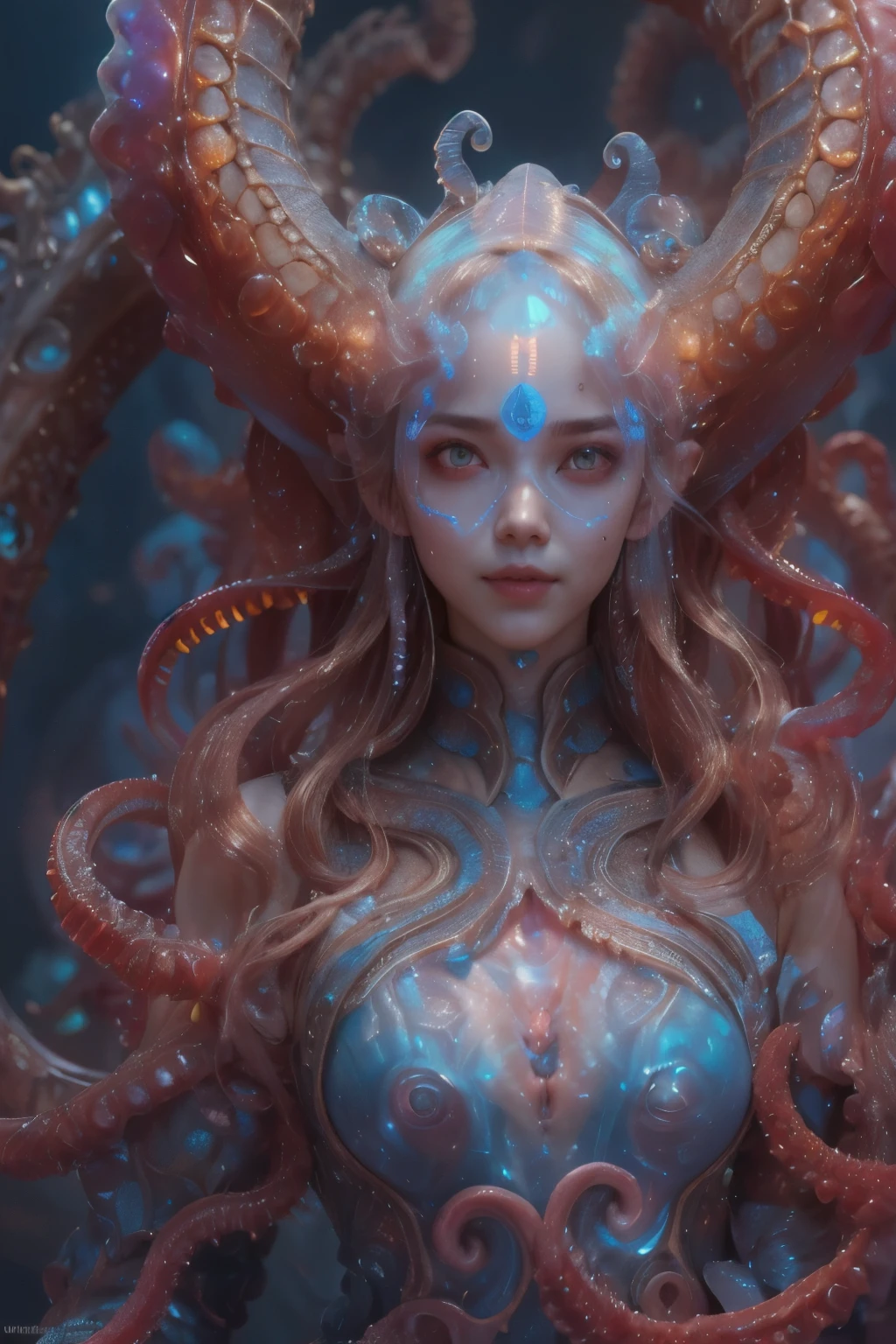 Portrait, (beautiful female alien:1.2), (There is a female genital-like organ in the middle of the forehead:1.8), (The most beautiful face in the history of the universe:1.2), (scarlet eyes:1.6), (Translucent skin:1.8), an evil gaze that seduces , (red eyes:1.5), Full body like, (bio luminescent:1.2), (Smile wickedly:1.3), (sexypose:1.5), alien, No humans, cells are fused, (Lots of translucent tentacles:1.1) (Translucent skin:1.3), extraterrestrial, cell, bio image, 魅惑的, Best Quality, 8K,4K_quality, High Definition, Dramatic Lighting, masutepiece:1.5,cinematic quality, detail up, (Intricate details:1.2), High resolution, High Definition, drawing faithfully, (Thick eyebrows:1.2), Beautiful eyes with fine symmetry, (Ultra detailed eyes:1.2),(Highly detailed face and eyes:1.2), (High-resolution red-eye:1.4), Intimate face, (Super detailed skin quality feeling:1.4), Perfect Anatomy, (Beautiful toned body:1.5), (Moist skin:1.2), No makeup, (dark circles:1.1), long canines, cinematic drawing of characters, ultra high quality model, cinematic quality, detail up, (Intricate details:1.2), High resolution, High Definition, drawing faithfully, Official art, Unity 8K wall , 8K Portrait, Best Quality, Very High resolution, ultra detailed artistic photography, midnight aura, unreal enginee 5, Ultra Sharp Focus, art by alberto seveso, ArtGerm, Roisch, intricate artwork, Medusa, best quality, masutepiece, ultra High resolution, (photos realistic:1.4), Ultra-realistic realism, dream-like, nautilus, Creation of fantasy, Snail, Dream Snail, biopunk nautilus, Thrilling color schemes, Ultra-realistic realism, seductively smiling, Blue tentacles