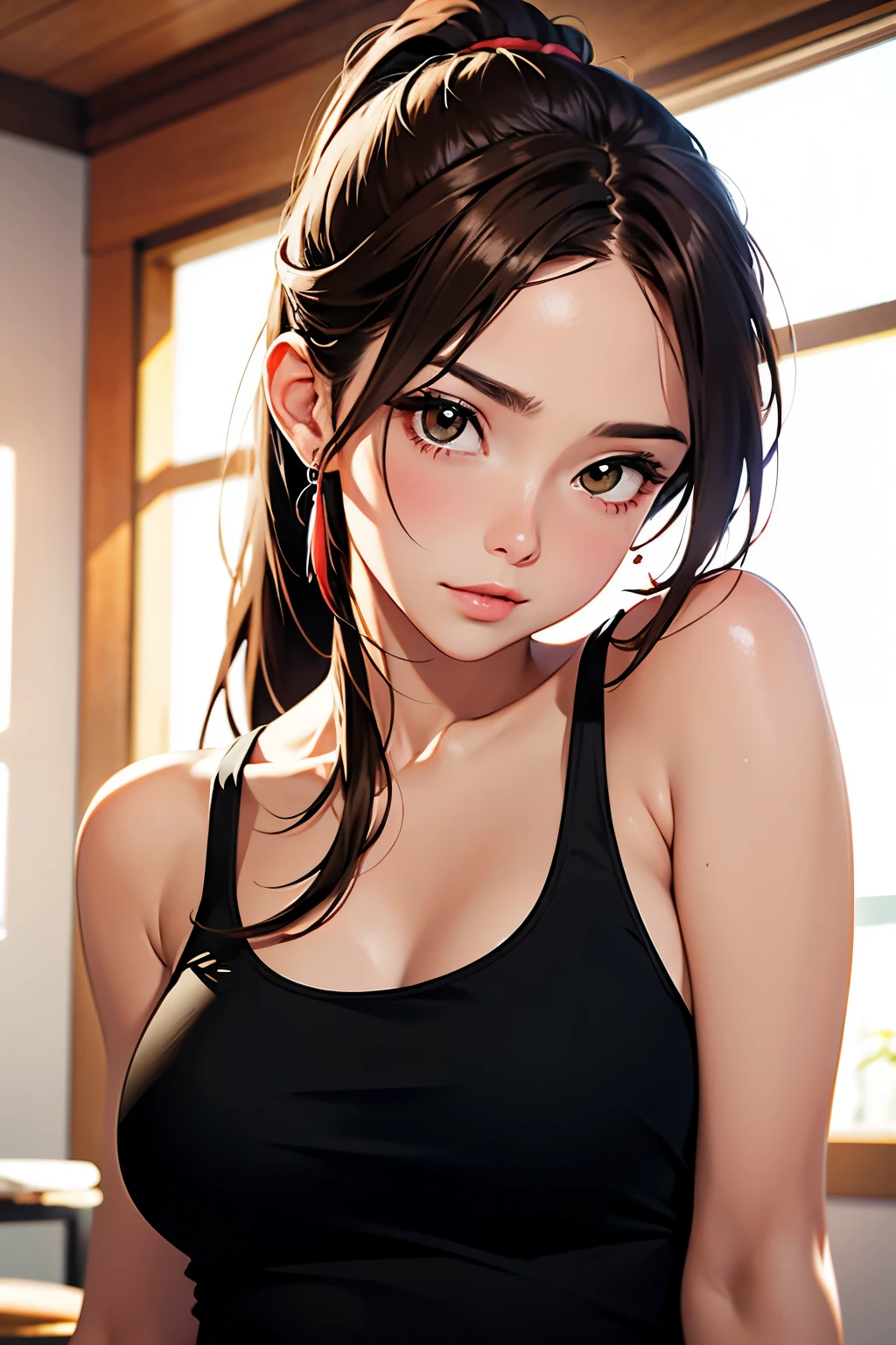 masutepiece, Best Quality, 超A high resolution, (Photorealistic:1.4), Detailed beautiful face, detailed clothes, Stunning European women, Wearing a tank top, Super Cute, nice perfect face with soft skin perfect face, Gorgeous long ponytail brown hair, 8K resolution,Ultra-realistic,Ultra-detailed,hightquality, wide vision