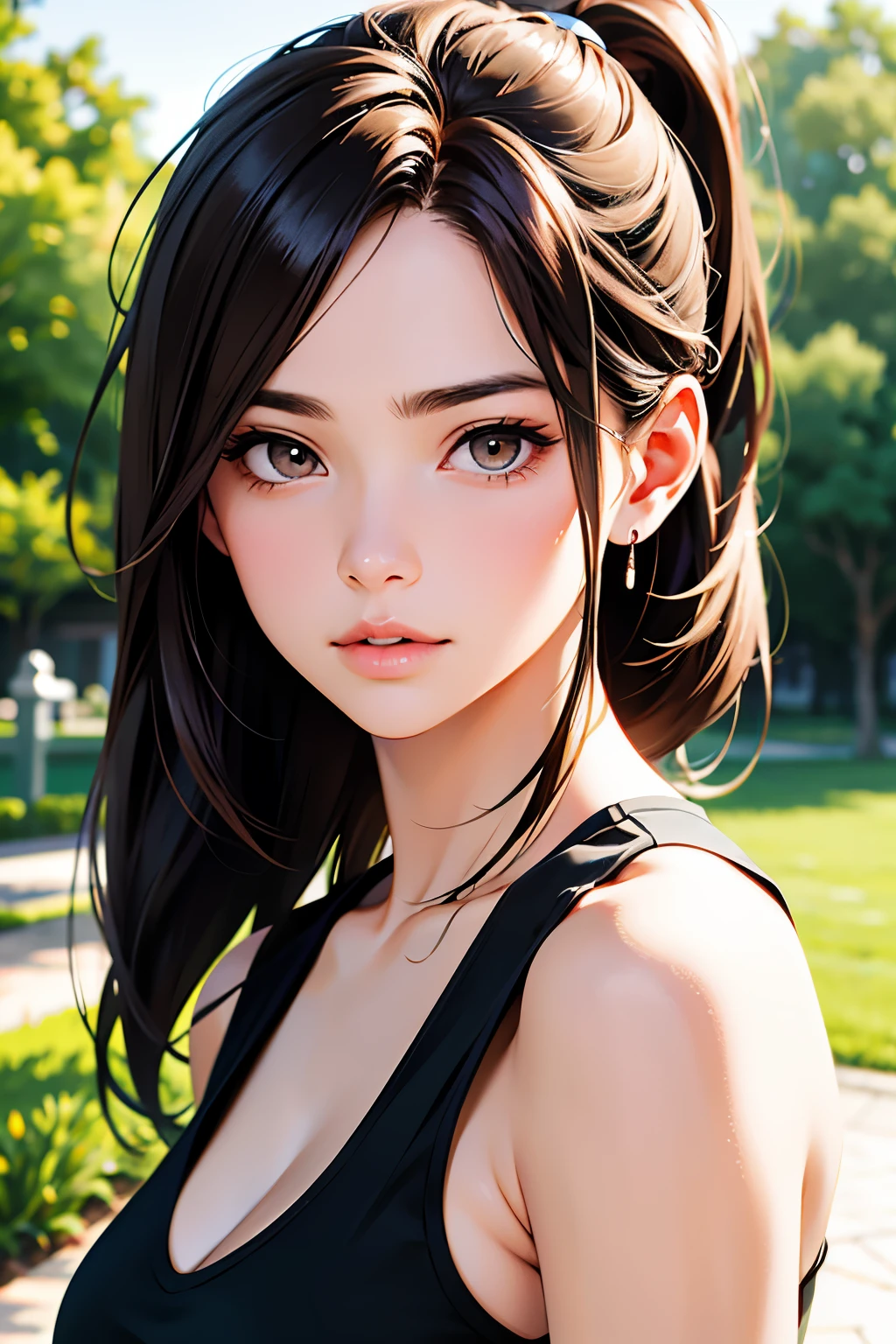 masutepiece, Best Quality, 超A high resolution, (Photorealistic:1.4), Detailed beautiful face, detailed clothes, Stunning European women, Wearing a tank top, Super Cute, nice perfect face with soft skin perfect face, Gorgeous long ponytail brown hair, 8K resolution,Ultra-realistic,Ultra-detailed,hightquality, wide vision