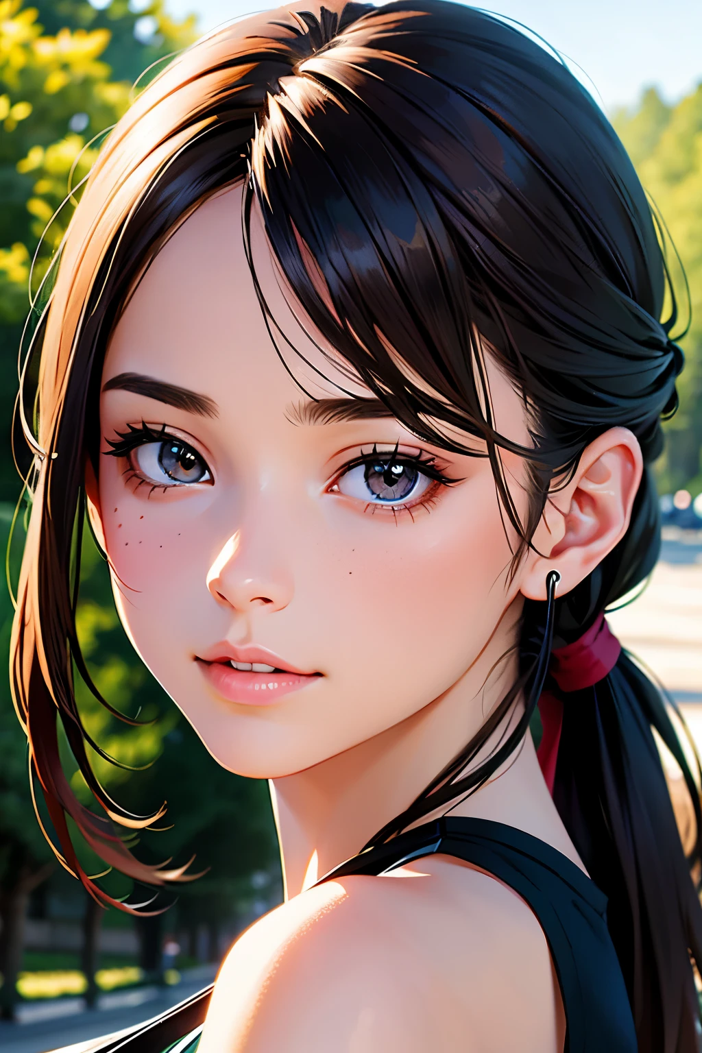 masutepiece, Best Quality, 超A high resolution, (Photorealistic:1.4), Detailed beautiful face, detailed clothes, Stunning European women, Wearing a tank top, Super Cute, nice perfect face with soft skin perfect face, Gorgeous long ponytail brown hair, 8K resolution,Ultra-realistic,Ultra-detailed,hightquality, wide vision