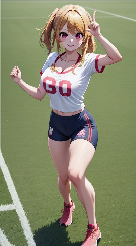 anime, beautiful face, highly detailed face, 2 accurate legs, pink detailed eyes, highly detailed background, perfect lighting, accurate arms, accurate hands, accurate fingers, blonde hair, full body, 1girl, solo, ruby hoshino, oshi no ko, outdoors absurdres, high res, ultrasharp, 8K, masterpiece, looking at the opponent, (full body:1.4), teasing smile, tight football t-shirt, tight sport shorts, playing football against someone, cleavage, on a soccer pitch, running towards viewer, soccer