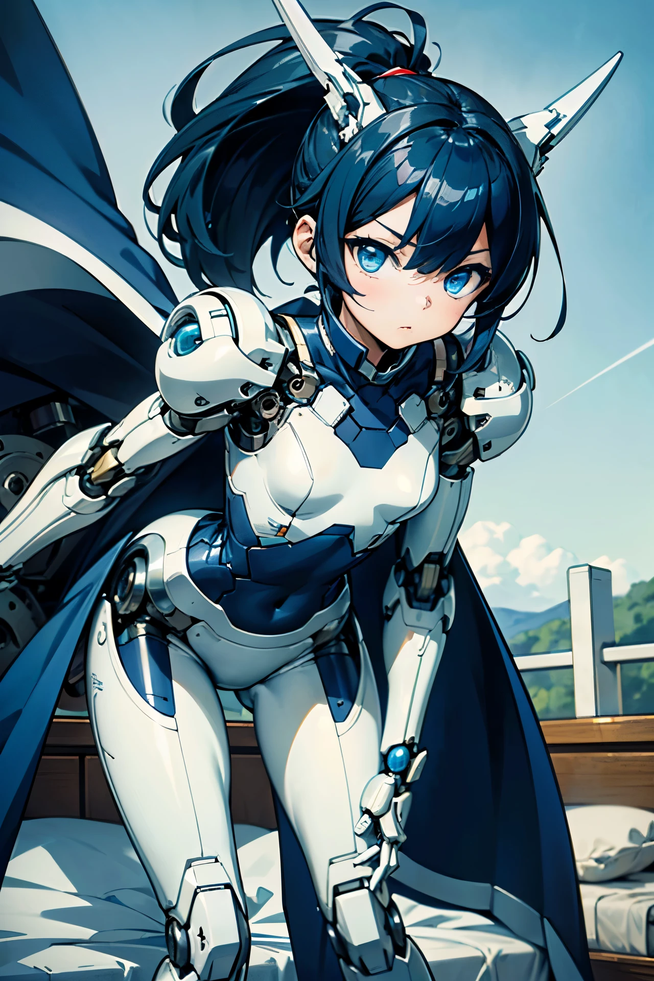 (((masterpiece))), (((Best Quality))), (((high quality))), (((beautiful))), (((8K))), (((highres))), (((absurdres))), (((exquisite))), (((Ultra high definition))), (((High resolution))), Girl Robot, (loli:1.4), (Gamine:1.5), (small breasts:1.4), (very detailed mechanics:1.4), (Highly detailed eye depiction:1.4), (Streamlined body based on pure white1.4), White and navy blue pilot suit, White and navy blue tight-fitting clothing, White and navy blue shoulder cover clothes, White and navy blue shiny clothes, navy blue tight fit pants, White and navy blue thigh cover pants, (Super drooping eyes:1.4), (Machine body:1.4), (Mechanical joints:1.4), (Complex machinery visible through joints:1.4), (Dark blue hair ponytail:1.4), (A long pure white cloth ribbon waving in the wind tied into her hair.:1.4), mecha musume, Mechanical parts, Robot joints, Headgear, (leaning forward:1.4), (Bedrooms:1.3), (on the beds:1.4)