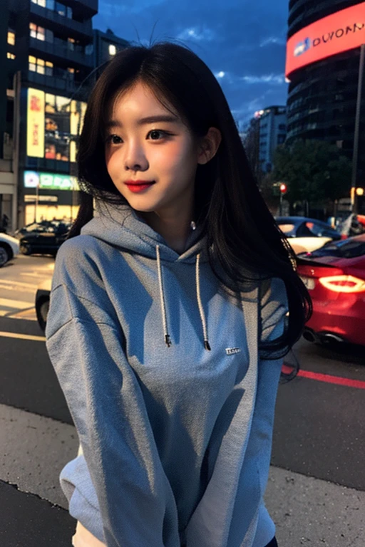 Uji Film XT3, 8K,close up photograph, tmasterpiece, Best quality, (((1 girl))), Alone,actual, ((looking at viewert)), Photo-realistic txt extremely detailed faces), looking at viewert, ((ultra - detailed的眼睛和瞳孔)), ultra - detailed, serious expressions, ((Stand on the city streets at night)), hoody, longer sleeves, (place one's arms behind one's back),