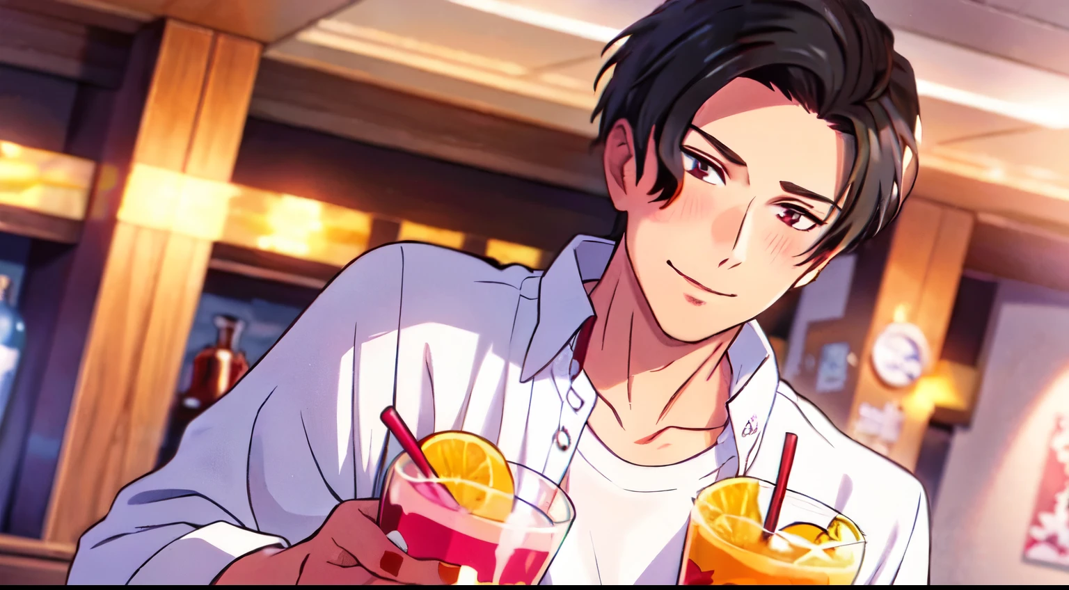 masterpiece, 1Man, luci, red eyes, black hair, blush, light smile, white blouse, day, window, holding boba Drink