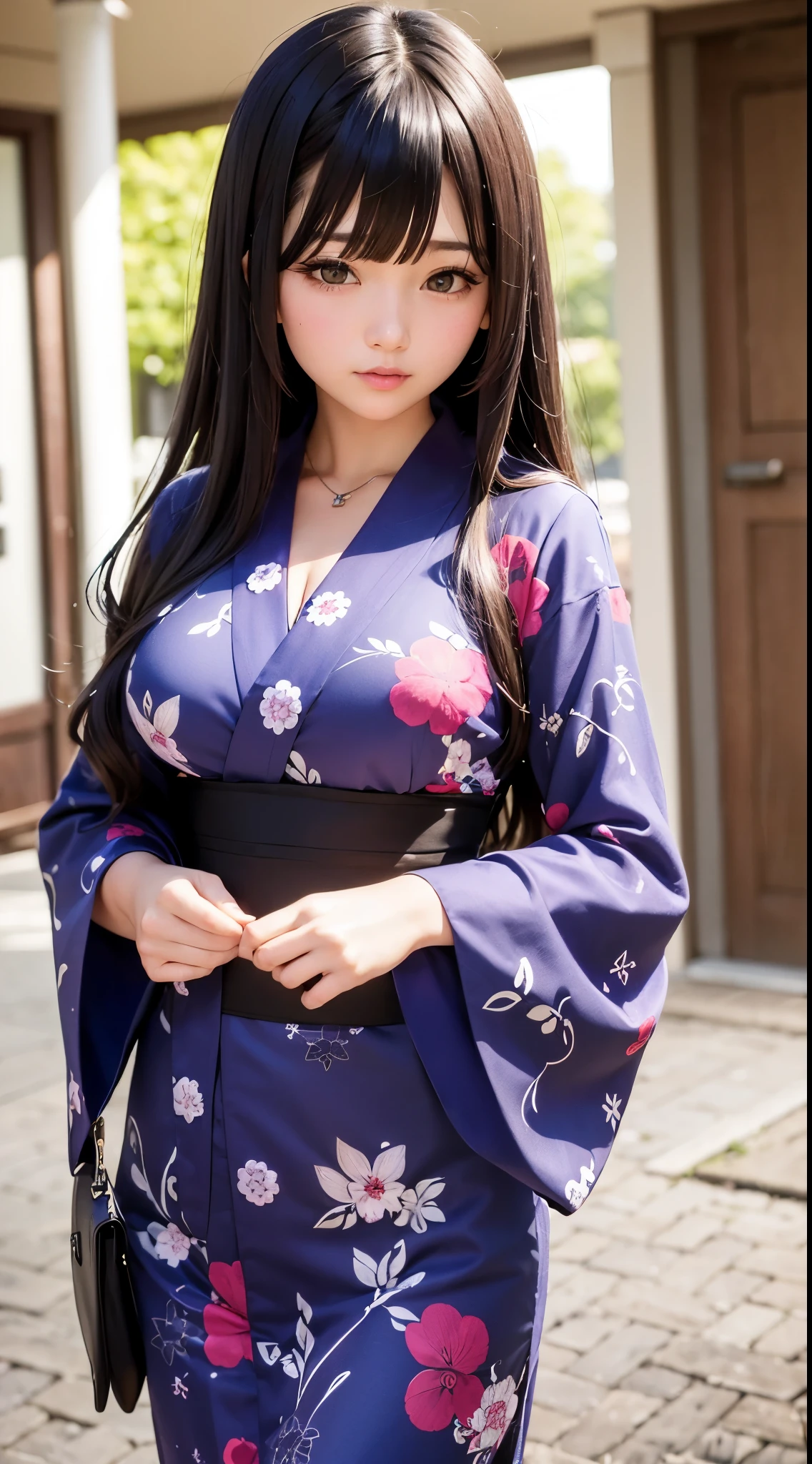 ((Best Quality)), ((masutepiece)), (Detailed), (highlight), Perfect face、Young girl with detailed face showing cleavage、Long, thick, glossy, beautiful black hair with blunt bangs、Single-color background、standing wearing a patterned kimono、
