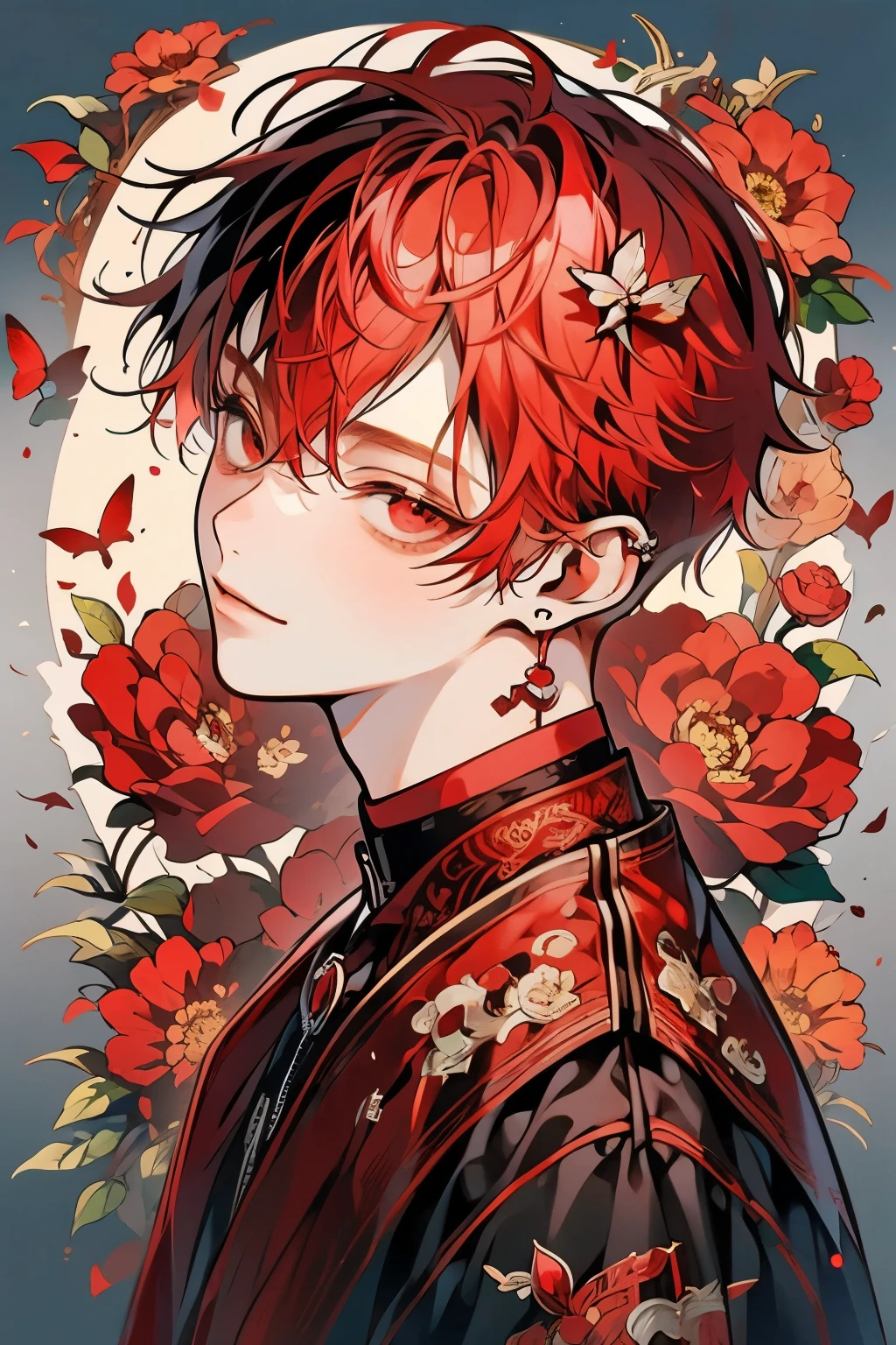(masutepiece), (Best Quality), Highly detailed, 1 boy, Solo Focus,Perfect face, Beautiful face, extra detailed face,(Red-haired:1.3),(Red eyes:1.3),florals,butterflys々,floralsびら,optic,a smile