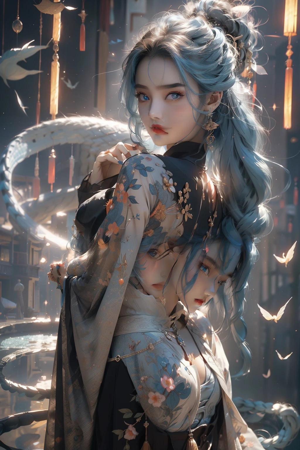 Light particles, The halo, (Bio-luminescence:0.95), Bio-luminescence, Harsh glare,  a vibrant one, (((Colorful))), colours, (Glowing, Glow),Ancient customs, wind blowing through, Blooming flowers, ponds, natta, moon relection in the ponds, reflective light, depth of fields, from back, multi view, delicated Best quality at best ,tmasterpiece, Lighting, Extremely Delicately Beautiful, The content is very detailed ,CG ,unified ,8k wallpaper, Amazing Cleavage, detailed, tmasterpiece,Best quality at best,offcial art,The content is very detailed CG unified 8k wallpaper,Ridiculous resources, incredibly Ridiculous resources, Larger file size , ultra - detailed, A high resolution, The content is very detailed,Beautiful Meticulous Girl, The content is very detailed eyes and face, beautidful eyes,There is light on the face,1 girl, (Excellent写实, There is light on the face,1 girl, (hyper realisitc), ((( Blue hair))), (Short hair details), (eBlue eyes), ((jewely)), (hair jewely), (Gem earring), (((Describe the arm in detail))), (((Excellent))), ((Large breasts droop)), ((plum身材)), (), (upper legs), ((plum)),, (Detailed description of the hair), ((Upper part of the body)), (shoulder), ((鎖骨)), (cropped shoulders), (Glowing and radiant skin), (Detailed description of the face), (对眼睛的描述The content is very detailed), (Ontology detailed description), (Fair and translucent skin), Peerless beauty, (Ultimate beauty), (Redlip), (the shy ), (Vibrant smile), ((Hanfu)), (each pose)，（Black silk pantyhose）
