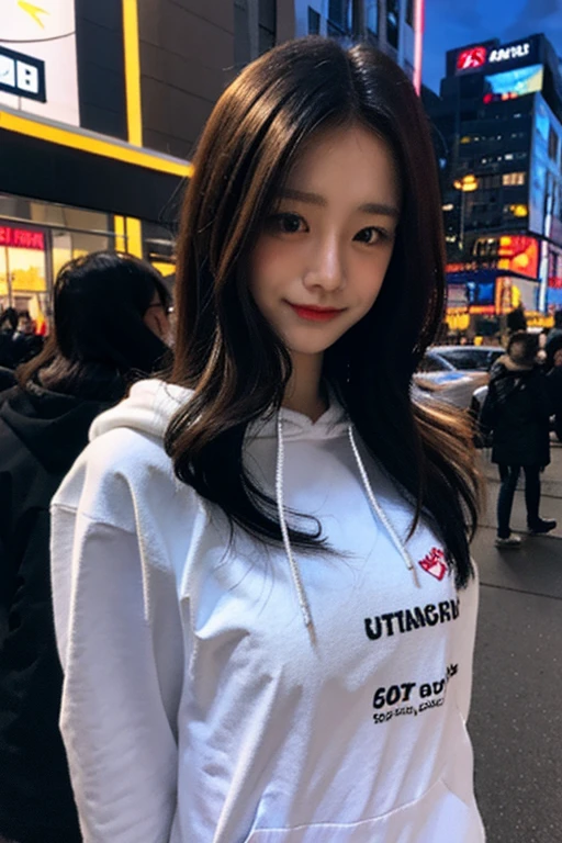 Uji Film XT3, 8K,close up photograph, tmasterpiece, Best quality, (((1 girl))), Alone,actual, ((looking at viewert)), Photo-realistic txt extremely detailed faces), looking at viewert, ((ultra - detailed的眼睛和瞳孔)), ultra - detailed, serious expressions, ((Stand on the city streets at night)), hoody, longer sleeves, (place one's arms behind one's back),