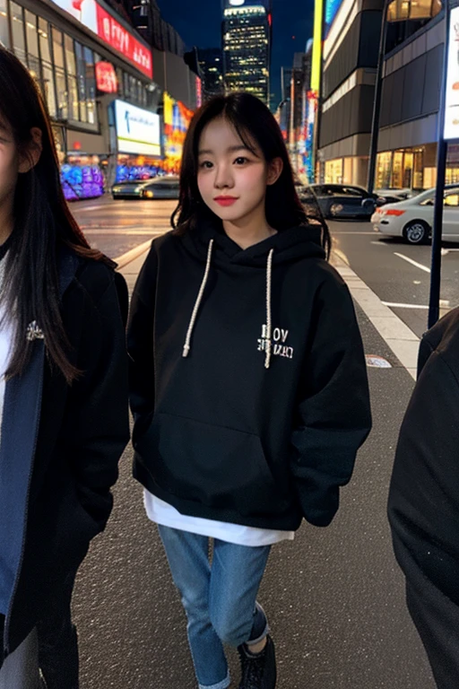 highest quality, Realistic, Very detailed, Finer details, High resolution, 8k wallpaper, One beautiful woman,Sit on the stairs、(Wear black socks)smile、(Beautiful teeth alignment、)(Gums are visible) Oversized hoodie, Skinny jeans,( Black sneakers)、Black Hair、 Beautiful Bangs、ear piercing、Perfect dynamic composition, Beautiful and detailed, Full Body Shot, A big smile brown hair