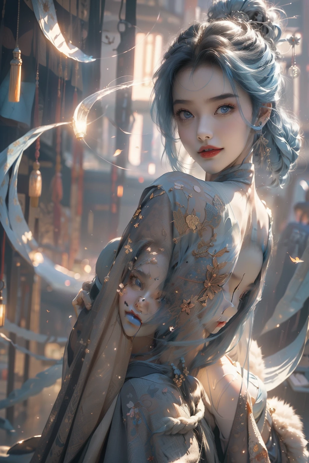 Light particles, The halo, (Bio-luminescence:0.95), Bio-luminescence, Harsh glare,  a vibrant one, (((Colorful))), colours, (Glowing, Glow),Ancient customs, wind blowing through, Blooming flowers, ponds, natta, moon relection in the ponds, reflective light, depth of fields, from back, multi view, delicated Best quality at best ,tmasterpiece, Lighting, Extremely Delicately Beautiful, The content is very detailed ,CG ,unified ,8k wallpaper, Amazing Cleavage, detailed, tmasterpiece,Best quality at best,offcial art,The content is very detailed CG unified 8k wallpaper,Ridiculous resources, incredibly Ridiculous resources, Larger file size , ultra - detailed, A high resolution, The content is very detailed,Beautiful Meticulous Girl, The content is very detailed eyes and face, beautidful eyes,There is light on the face,1 girl, (Excellent写实, There is light on the face,1 girl, (hyper realisitc), ((( Blue hair))), (Short hair details), (eBlue eyes), ((jewely)), (hair jewely), (Gem earring), (((Describe the arm in detail))), (((Excellent))), ((Large breasts droop)), ((plum身材)), (), (upper legs), ((plum)),, (Detailed description of the hair), ((Upper part of the body)), (shoulder), ((鎖骨)), (cropped shoulders), (Glowing and radiant skin), (Detailed description of the face), (对眼睛的描述The content is very detailed), (Ontology detailed description), (Fair and translucent skin), Peerless beauty, (Ultimate beauty), (Redlip), (the shy ), (Vibrant smile), ((Hanfu)), (each pose)，（Black silk pantyhose）
