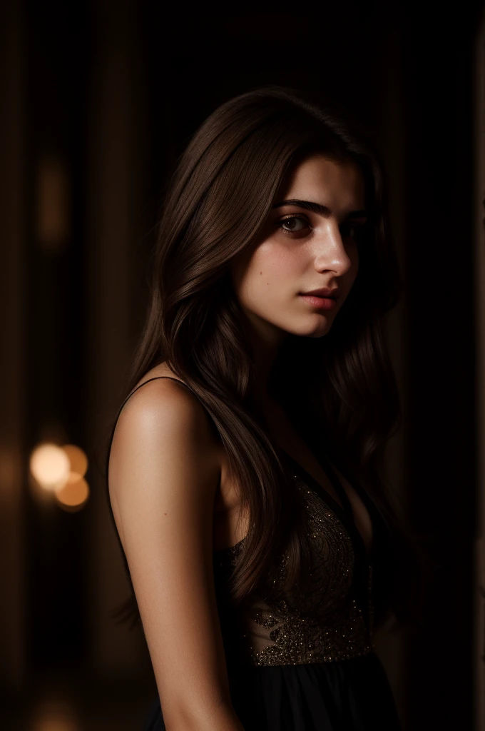 a turkish girl, 18 years old, unique face, sharp nose, long light brown hair, extreme realistic face, no ornaments, a dark hallway in the background, night shot, elegant dress, 4k, 8k, ultra realistic, skin texture, hair texture,