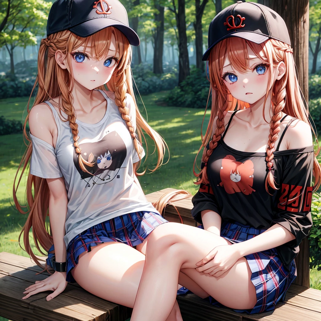 red blonde、blue eyess、Braids、one good looking girl、独奏、animesque、Plaid miniskirt、Black T-shirt、camisole、the woods、Sunlight、sitting on、Wearing a plaid baseball cap、bare-legged、Tilting your face、With a cheek cane
