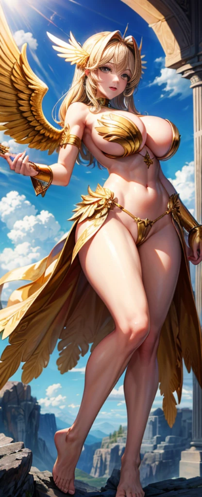 masterpiece, high high quality, A high resolution, golden winged angel, Naked, gigantic boobs ,he holds a gold angel wand, blue sky, fly