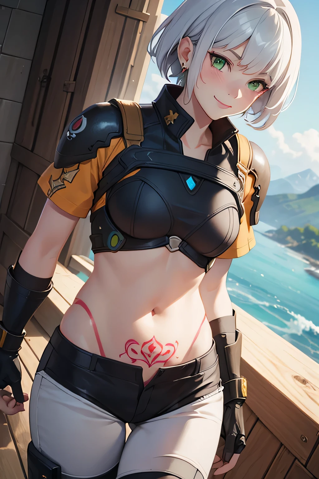 Gwen Tennyson,Y'shtola rhul,tracer,YORHA 2B,1girl in,atelier ryza,Overwatch,close up,Mecha Pilot,Mountain Valley,Tattoos, Red and orange plug suit,White Short Sleeve Silk Top,Light gray cargo pants, Uncovered belly,Short hair,Cute makeup, Green eyes,Dimension Golden Hair,Shy smile,hitornfreckles,Beautiful Girl,Large, ultra-detailliert,Realistic,Fantasy Art,saiyan armor,cyborg armor,steel armor,valley road,Military uniform,ear piercings,hair pin,saiyan girl,Saiyan Woman,