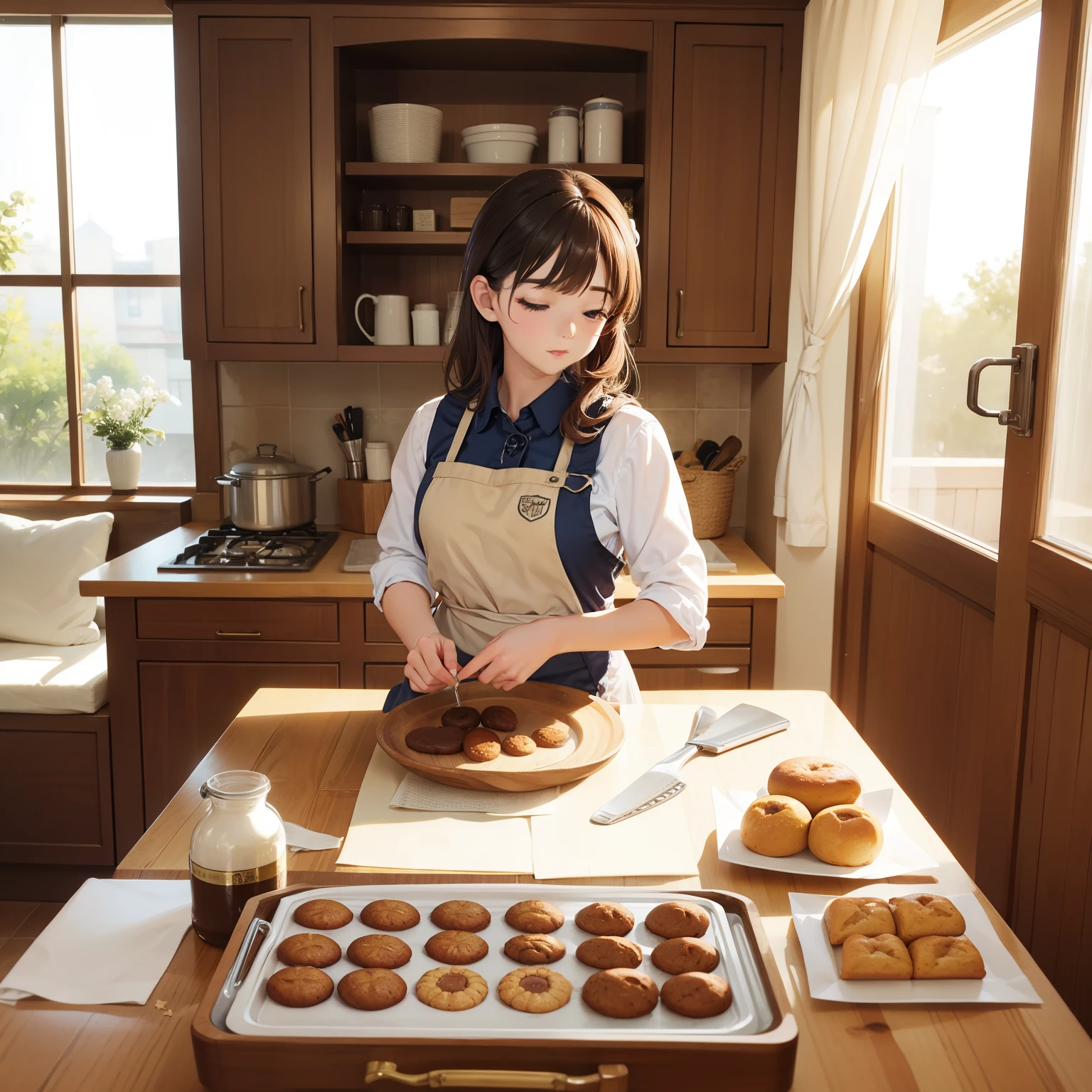 Closeup Beautiful 3D anime watercolorpainting of a beautiful summerpunk young woman as a baker, working relaxed in a old bakery, baking Croissant and bread and Baguette, summer chill day, smiling, summercore, wearing Summerpunk Outfit, by tim okamura, victor nizovtsev, greg rutkowski, noah bradley. trending on artstation, 8k, masterpiece, graffiti paint, fine detail, full of color, intricate detail, golden ratio illustration, --auto --s2