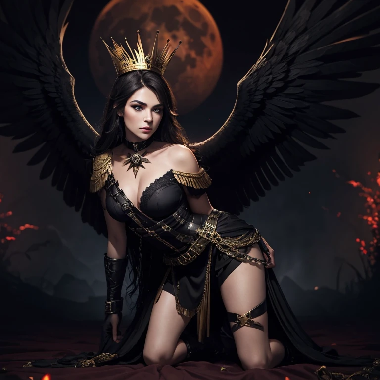 Valkyrie, large black raven wings, large gold crown, dark hair, sexy, dangerous, red moon in background, kneeling, dark background, Caucasian, seductive