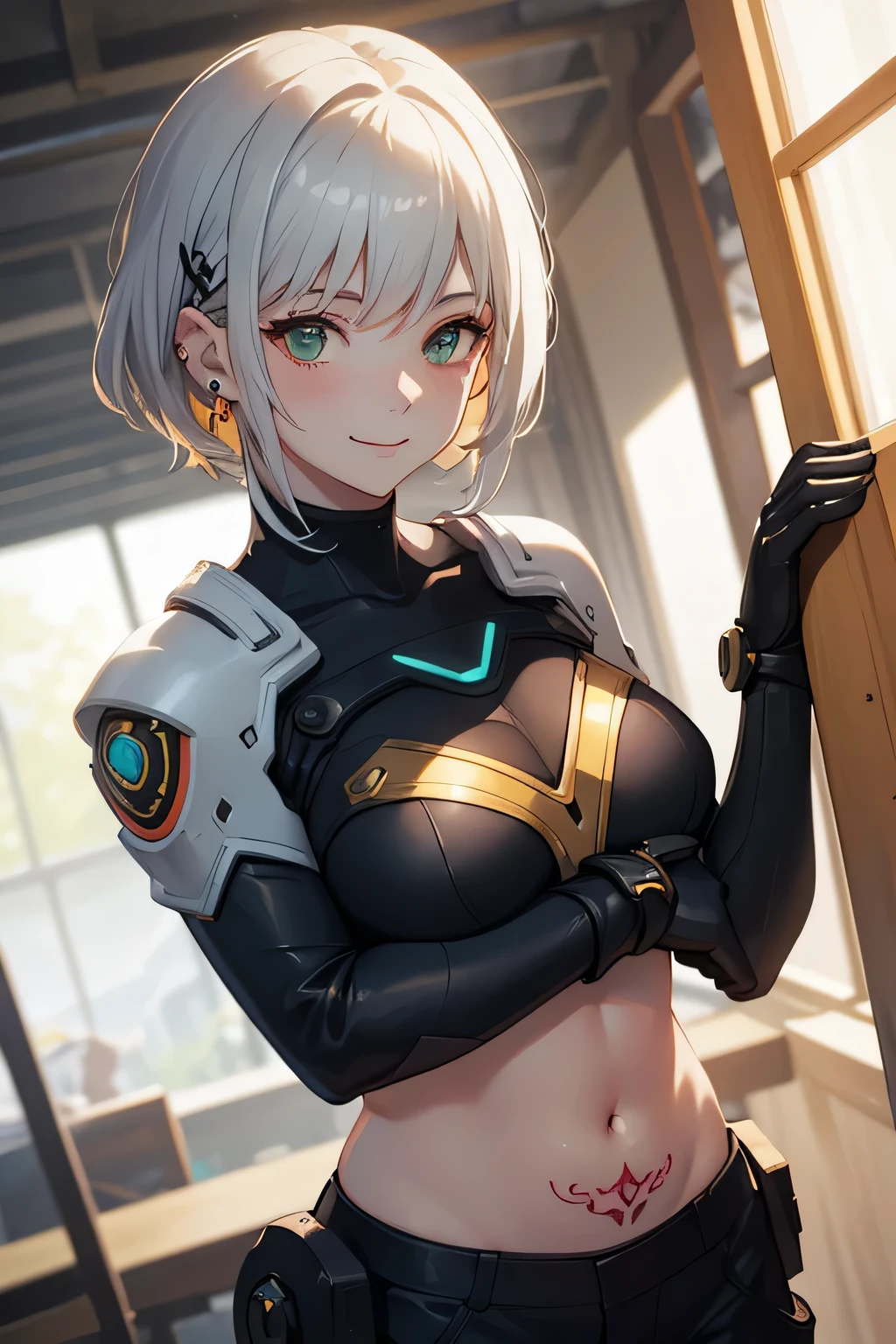 Gwen Tennyson,Y'shtola rhul,tracer,YORHA 2B,1girl in,atelier ryza,Overwatch,close up,Mecha Pilot,Mountain Valley,Tattoos, Red and orange plug suit,White Short Sleeve Silk Top,Light gray cargo pants, Uncovered belly,Short hair,Cute makeup, Green eyes,Dimension Golden Hair,Shy smile,hitornfreckles,Beautiful Girl,Large, ultra-detailliert,Realistic,Fantasy Art,saiyan armor,cyborg armor,steel armor,valley road,Military uniform,ear piercings,hair pin,saiyan girl,Saiyan Woman,