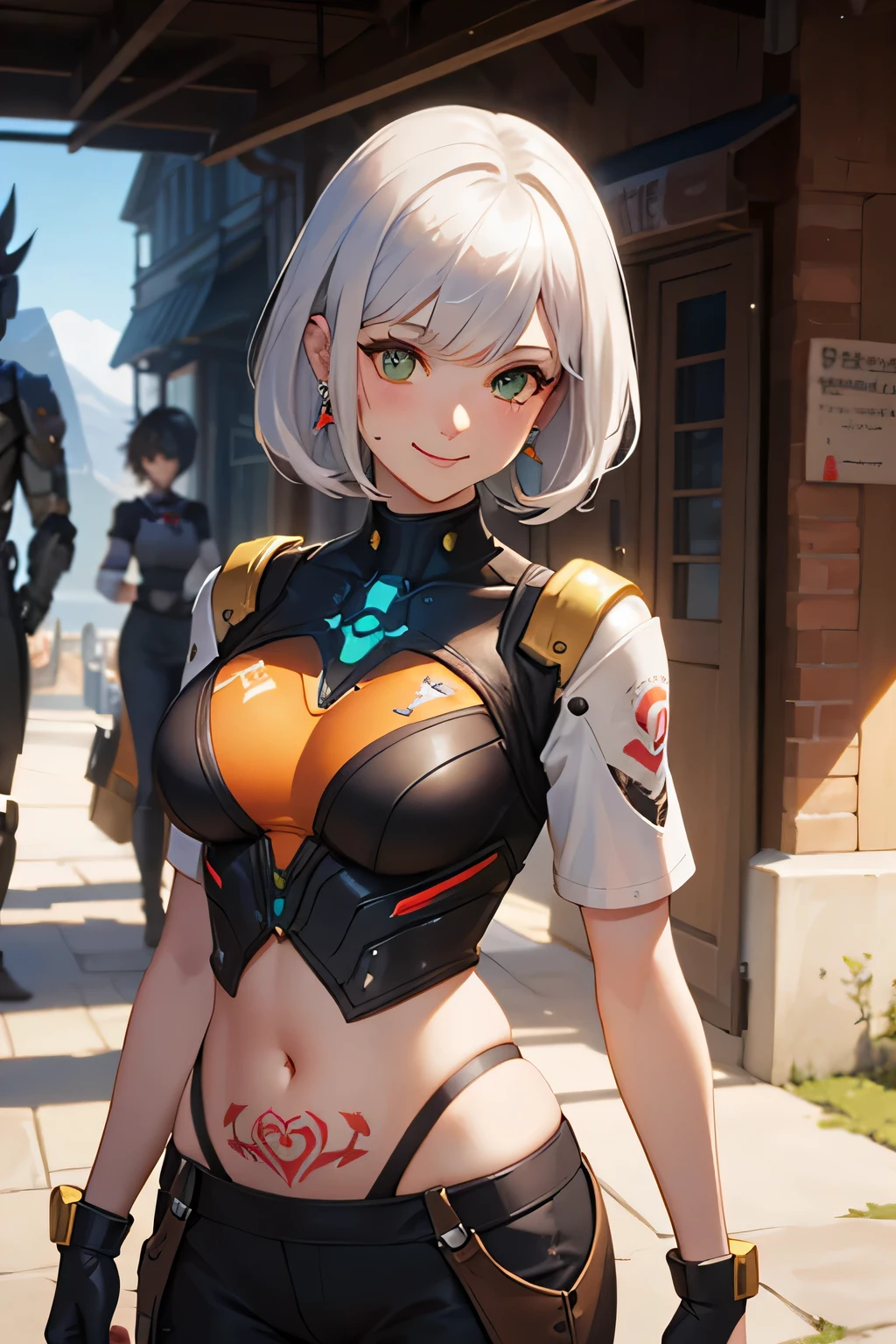 Gwen Tennyson,Y'shtola rhul,tracer,YORHA 2B,1girl in,atelier ryza,Overwatch,close up,Mecha Pilot,Mountain Valley,Tattoos, Red and orange plug suit,White Short Sleeve Silk Top,Light gray cargo pants, Uncovered belly,Short hair,Cute makeup, Green eyes,Dimension Golden Hair,Shy smile,hitornfreckles,Beautiful Girl,Large, ultra-detailliert,Realistic,Fantasy Art,saiyan armor,cyborg armor,steel armor,valley road,Military uniform,ear piercings,hair pin,saiyan girl,Saiyan Woman,