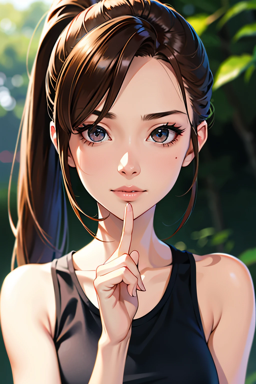 masutepiece, Best Quality, 超A high resolution, (Photorealistic:1.4), Detailed beautiful face, detailed  clothes, Stunning European women, Wearing a tank top, Super Cute, nice perfect face with soft skin perfect face, Gorgeous long ponytail brown hair, 8K resolution,Ultra-realistic,Ultra-detailed,hightquality,  wide vision