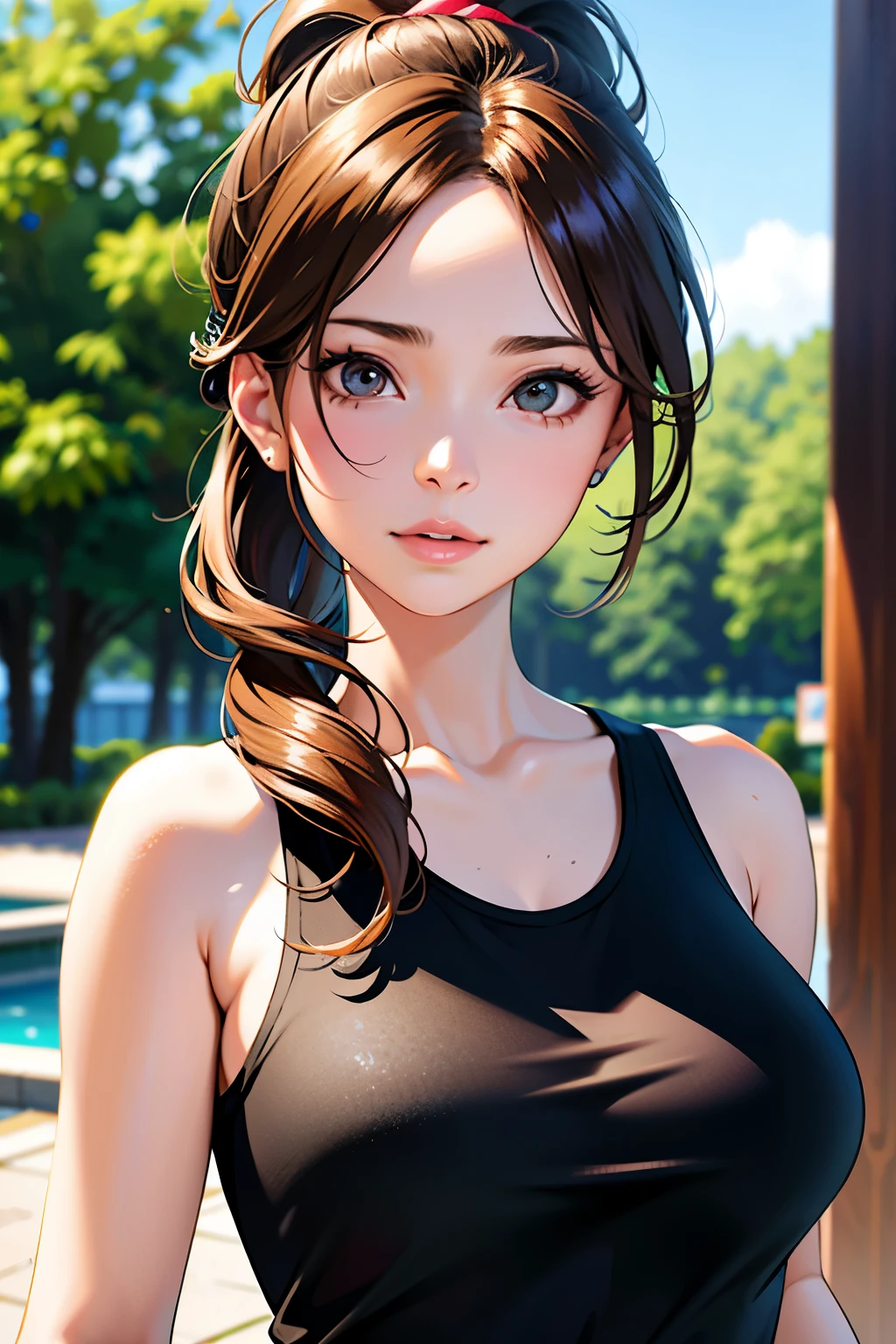 masutepiece, Best Quality, 超A high resolution, (Photorealistic:1.4), Detailed beautiful face, detailed clothes, Stunning European women, Wearing a tank top, Super Cute, nice perfect face with soft skin perfect face, Gorgeous long ponytail brown hair, 8K resolution,Ultra-realistic,Ultra-detailed,hightquality, wide vision