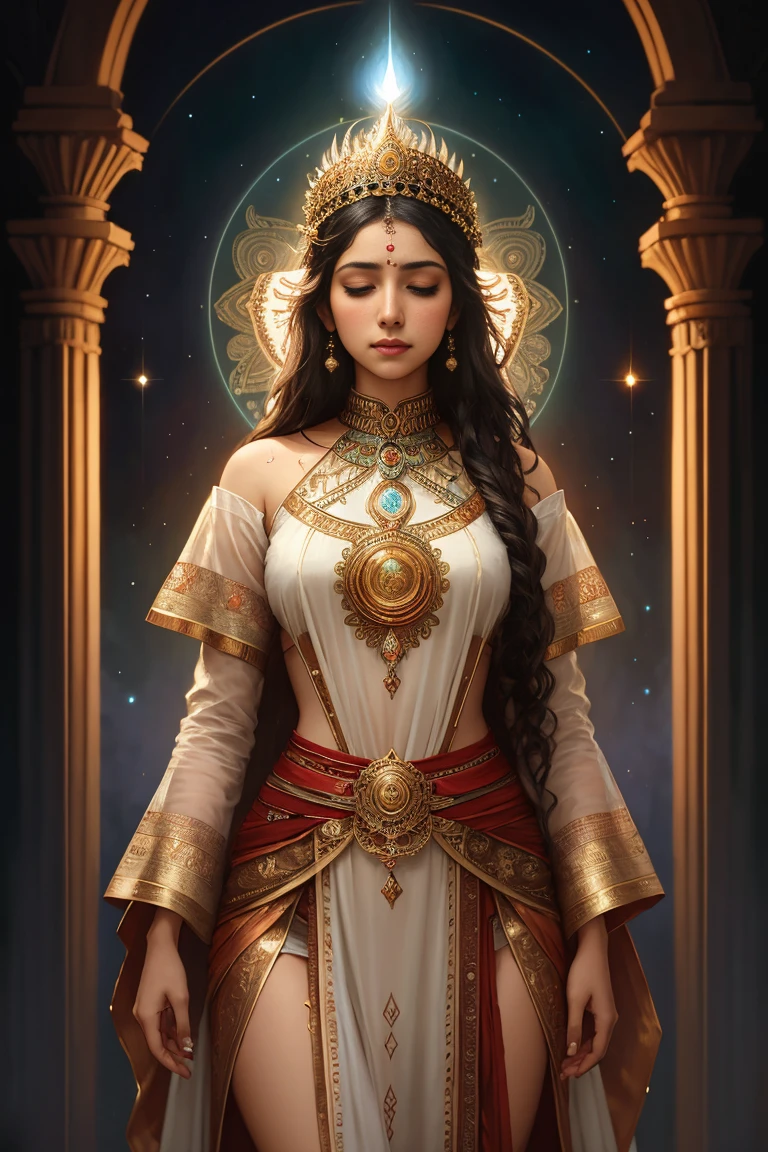 a beautiful indian priestess, full body, looking at viewer, symmetric, eyes closed, slight smile, spirtual awakening, intricate details,
cosmic, ethereal, mystical, complicated environment, brush stokes, illuminating lights,
Greg Rutkowski, RHADS, Beeple, Makoto Shinkai, Lois van Baarle, Ilya Kuvshinov, Rossdraws, Tom Bagshaw, Alfonse Mucha,
masterpiece, ultra high res, high quality,