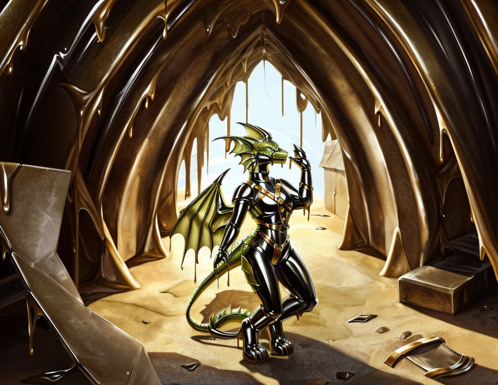closeup HD photo of a female paladin knight morphing into a latex dragon as a cursed dragon tack wraps around her body, khaki beige green shiny smooth human latex dragon hybrid, wearing dragon's saddle, harness, bridle, and heavy plate armor, inside abandoned stall in subterranean dragon aerie cave, heavy armor, human morphing into latex rubber goo dragon, latex goo coating