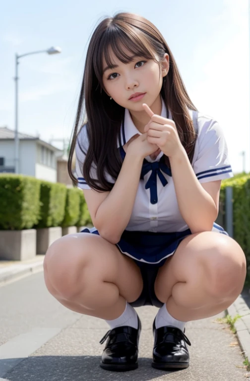 surrealistic、top-quality、 超A high resolution、Nikon Z 85mm、({(Raw foto:1.2)})natural soft light、profetional lighting、
realisitic、Super live-action、Photorealsitic、The crotch is visible、{frontage、Angle from below}
hands not visible、({{Hands are out of the angle of view}})(I can't see my fingers)portlate、kawaii女子高生じょ、School Uniforms mini Skirt、kawaiiセーラー服、Sailor suit skirt、Dark blue skirt、
both legs are bent、Toes are on the ground、The legs are spread in an M-shape,、I can see my panties.、Delicate thighs visible from the front、
Japan schoolgirl uniform、School Uniforms mini Skirtから見える白いパンティ、(Panchira)School Uniforms mini Skirt、Perfect raw legs、delicate legs、
perfectly proportions、A sexy、Chest visible、
Squatting deep in the city、Show me your pants around town、
ulzzang -6500-v1.1, Well-formed face、perfectly proportions、Well-formed fingertips、
kawaii女子高生じょ、 Beautiful face in every detail、realisiticな人の肌、Provocative facial expressions、Semi-long、smooth hair、de pele branca、light skinned、 (hyperdetailed face、(very detailed lips、{round and detailed eyes}二重まぶた、Moist eyes、{Very delicate eyebrows})) (Strong-minded、(childish、pure、Attractive woman、charmed、glamor、Victory、Cheeky、glad、kawaii、Good aroma、))
