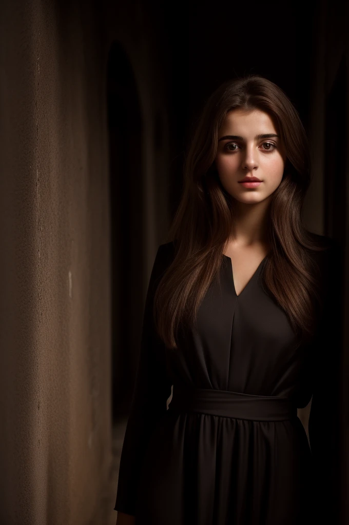 a turkish girl, 18 years old, unique face, sharp nose, long light brown hair, extreme realistic face, no ornaments, a dark hallway in the background, night shot, elegant dress, 4k, 8k, ultra realistic, skin texture, hair texture,