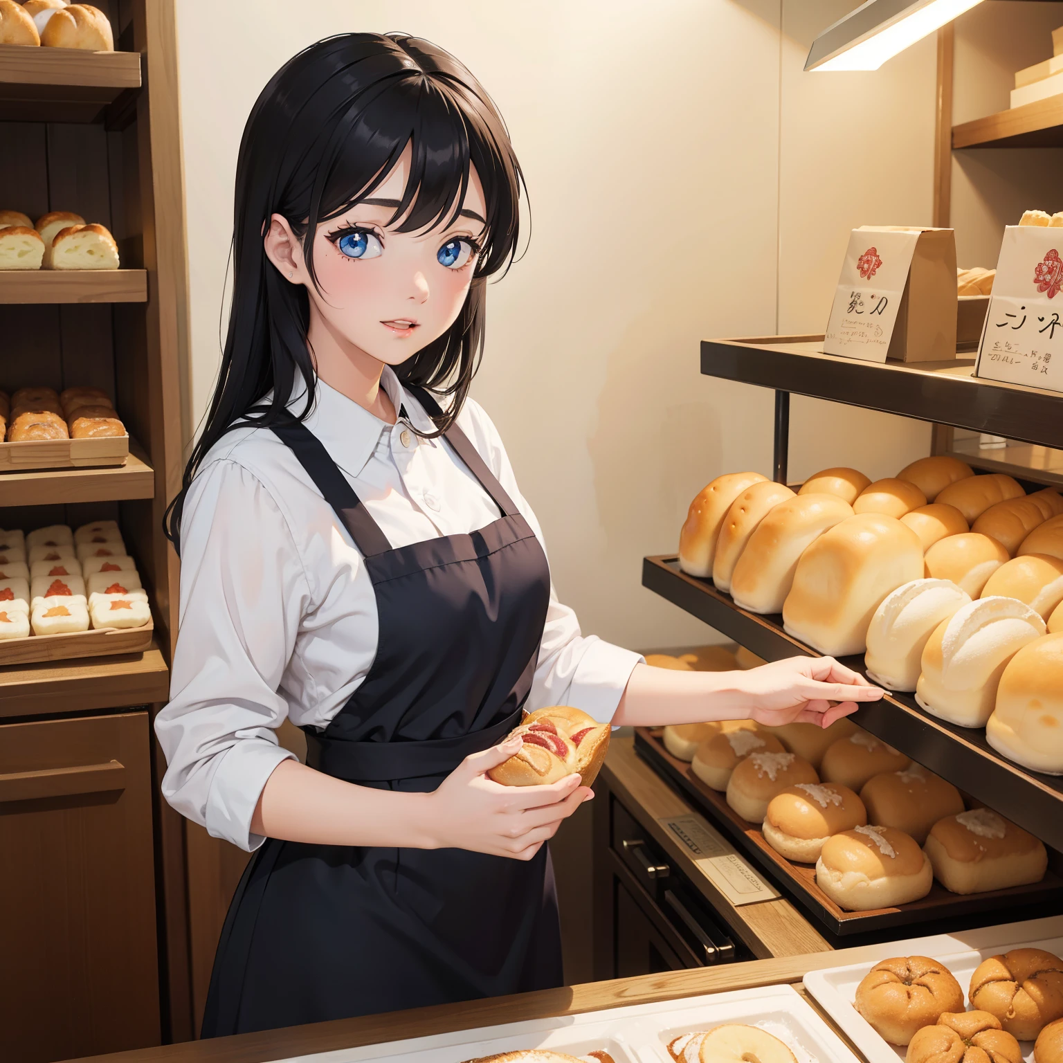 (best quality,8k,masterpiece), a girl with black hair and blue eyes, wearing a bakery uniform, working in a traditional japanese bakery preparing a batch of traditional treats, sparkling eyes, happiness.