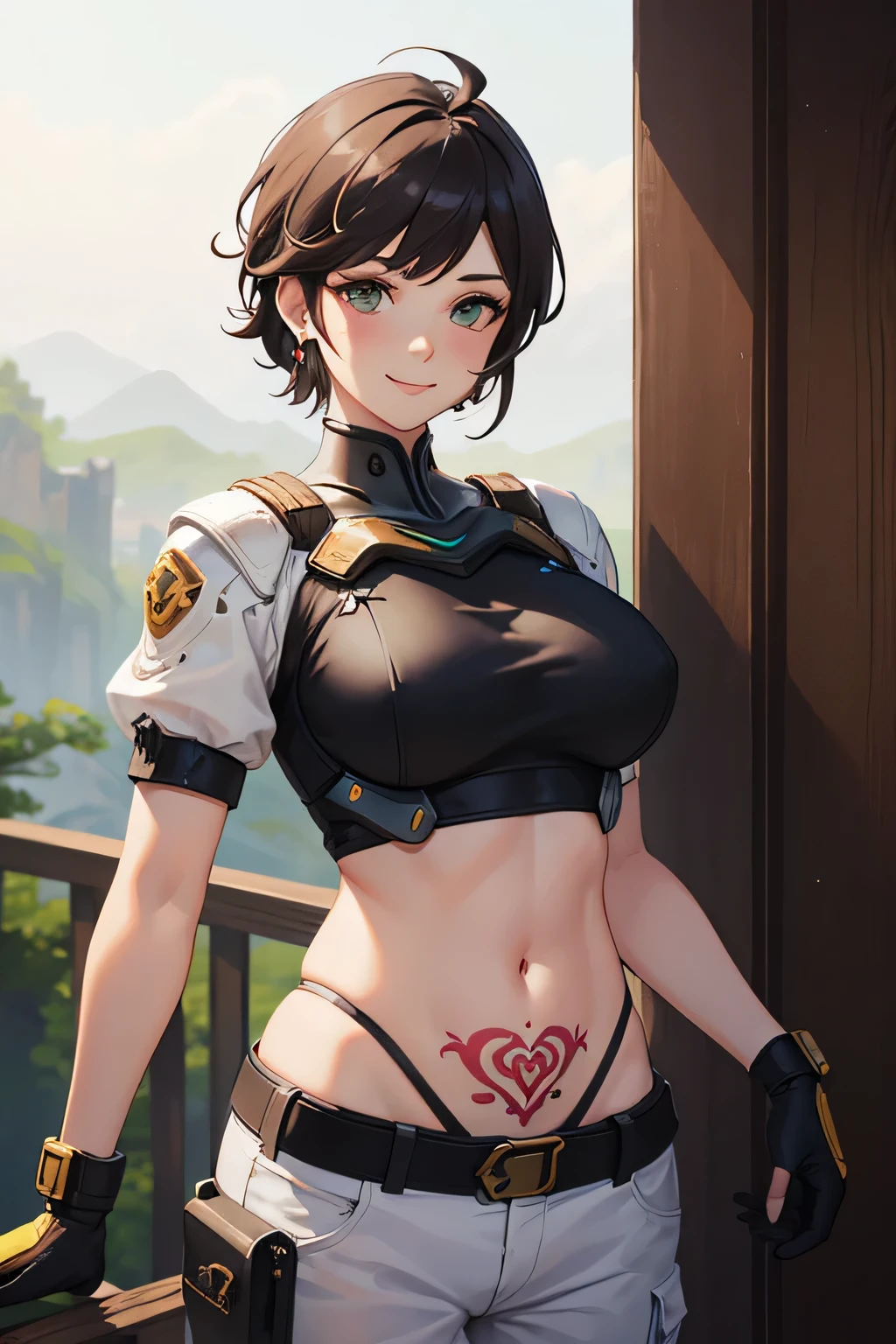 Gwen Tennyson,Y'shtola rhul,tracer,YORHA 2B,1girl in,atelier ryza,Overwatch,close up,Mecha Pilot,Mountain Valley,Tattoos, Red and orange plug suit,White Short Sleeve Silk Top,Light gray cargo pants, Uncovered belly,Short hair,Cute makeup, Green eyes,Dimension Golden Hair,Shy smile,hitornfreckles,Beautiful Girl,Large, ultra-detailliert,Realistic,Fantasy Art,saiyan armor,cyborg armor,steel armor,valley road,Military uniform,ear piercings,hair pin,saiyan girl,Saiyan Woman,