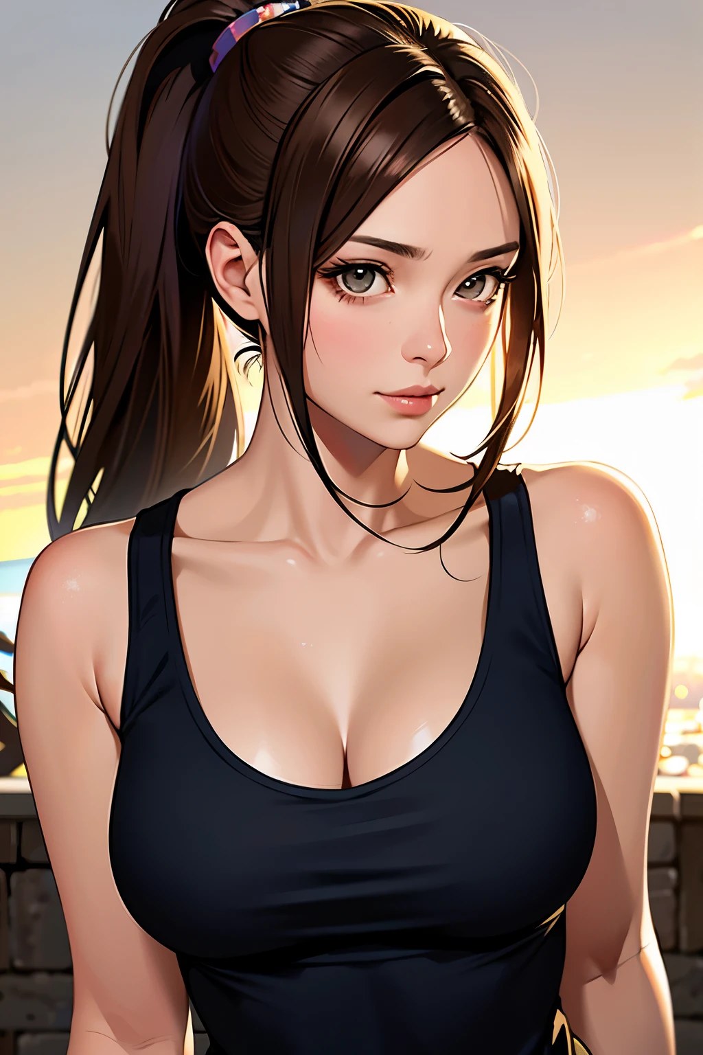 masutepiece, Best Quality, 超A high resolution, (Photorealistic:1.4), Detailed beautiful face, detailed  clothes, Stunning European women, Wearing a tank top, Super Cute, nice perfect face with soft skin perfect face, Gorgeous long ponytail brown hair, 8K resolution,Ultra-realistic,Ultra-detailed,hightquality,  wide vision