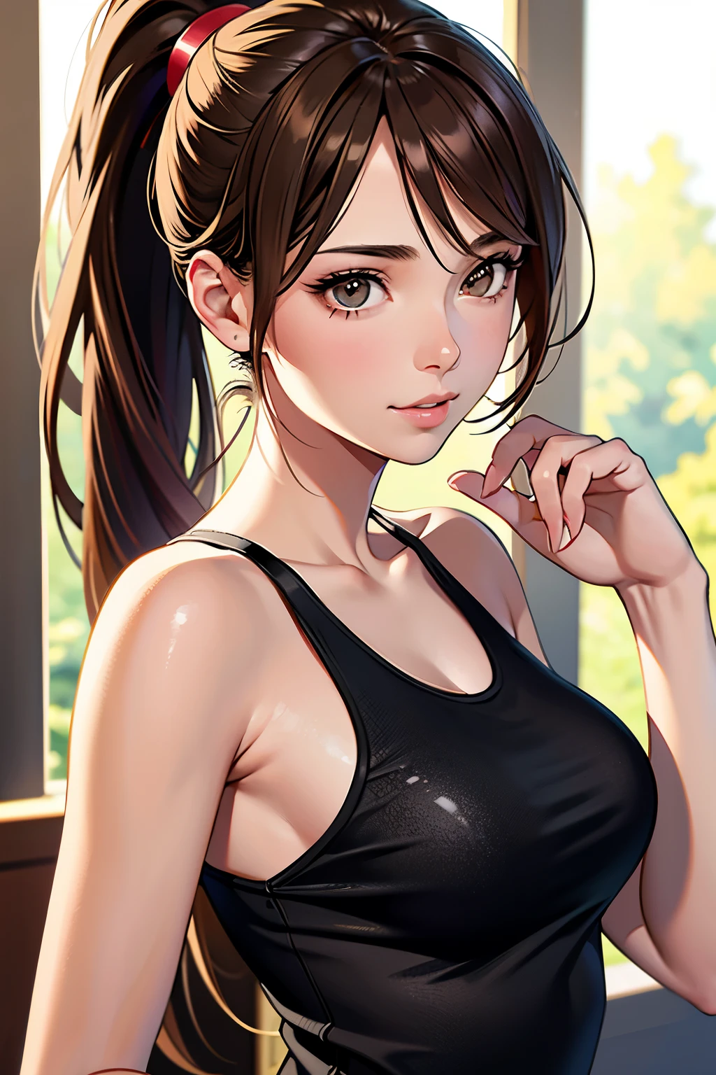 masutepiece, Best Quality, 超A high resolution, (Photorealistic:1.4), Detailed beautiful face, detailed  clothes, Stunning European women, Wearing a tank top, Super Cute, nice perfect face with soft skin perfect face, Gorgeous long ponytail brown hair, 8K resolution,Ultra-realistic,Ultra-detailed,hightquality,  wide vision