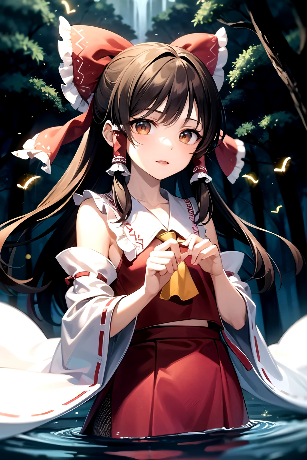 detailed background, masterpiece, best quality, 1girl, hakurei reimu, brown hair, hair tubes, hair ribbon, brown eyes, nontraditional miko, a forest full of purple and white trees, fireflies, water, purple theme, white theme, mystical, magical,
white hair